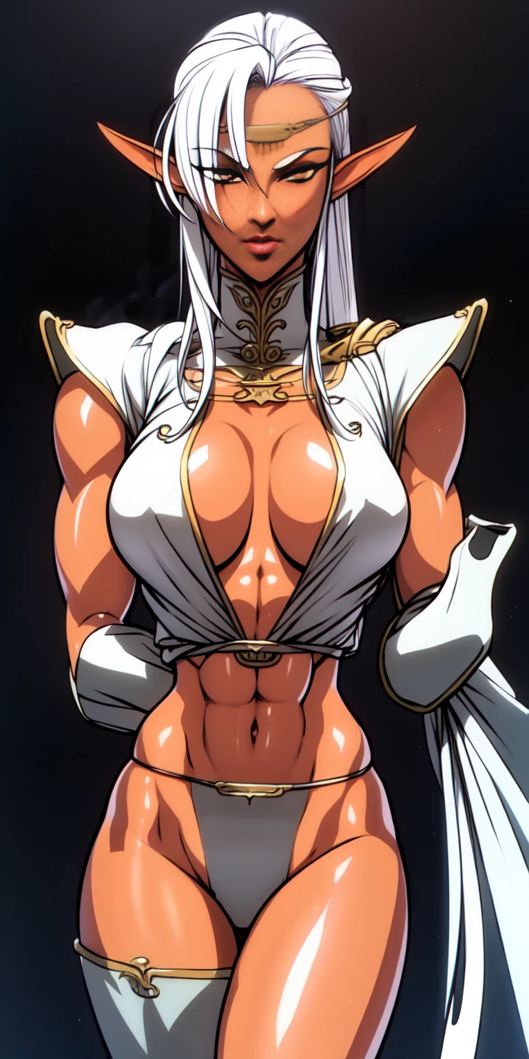 extremely long hair , ponytail, perfect anatomy 1 girl tall solo, slim thick, ((muscular)) high elf toned body, silver breast plate, blue cape, slendered abs, hourglass waist, detailed face, defined cheekbones, puffy lips, gauntlets, gold crown, shadow over eyes, looking at viewer, masterpiece, white thigh highs lingerie,