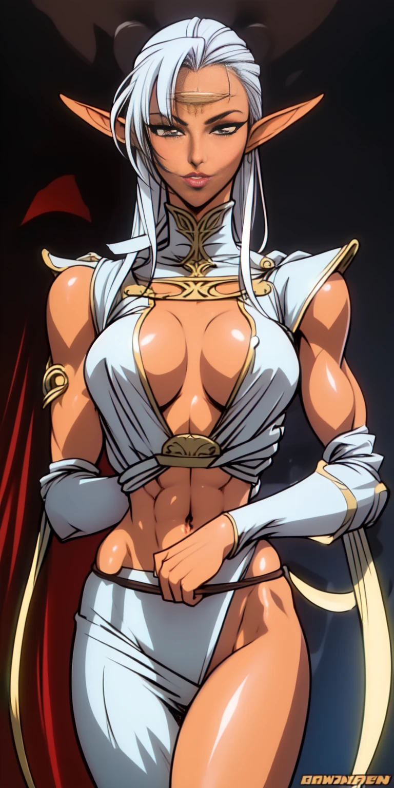 extremely long hair , ponytail, perfect anatomy 1 girl tall solo, slim thick, ((muscular)) high elf toned body, silver breast plate, blue cape, slendered abs, hourglass waist, detailed face, defined cheekbones, puffy lips, gauntlets, gold crown, shadow over eyes, looking at viewer, masterpiece, white thigh highs lingerie,