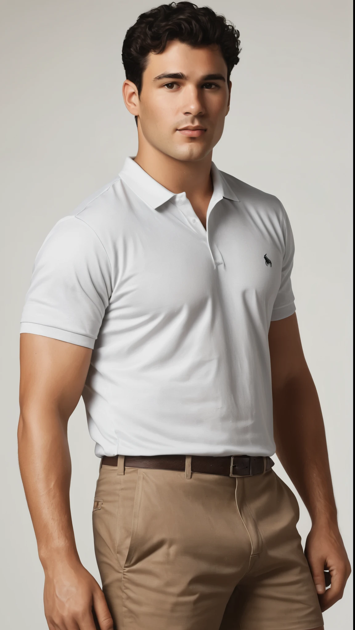 An illustrated movie poster, hand-drawn, full color, a man, 28 years-old, wearing a polo shirt and chino shorts, resembles Gavin Leatherwood, sun-tanned skin, stocky physique, soft belly, slightly chubby, deep brown eyes, wide bulbous nose, black hair, curly hair, thick bushy eyebrows, extremely hairy chest, stomach, and arms, lots of body hair, posing on a pedestal, hard shadows, graphite shading, stencil markings, airbrushed acrylic paint, masterpiece