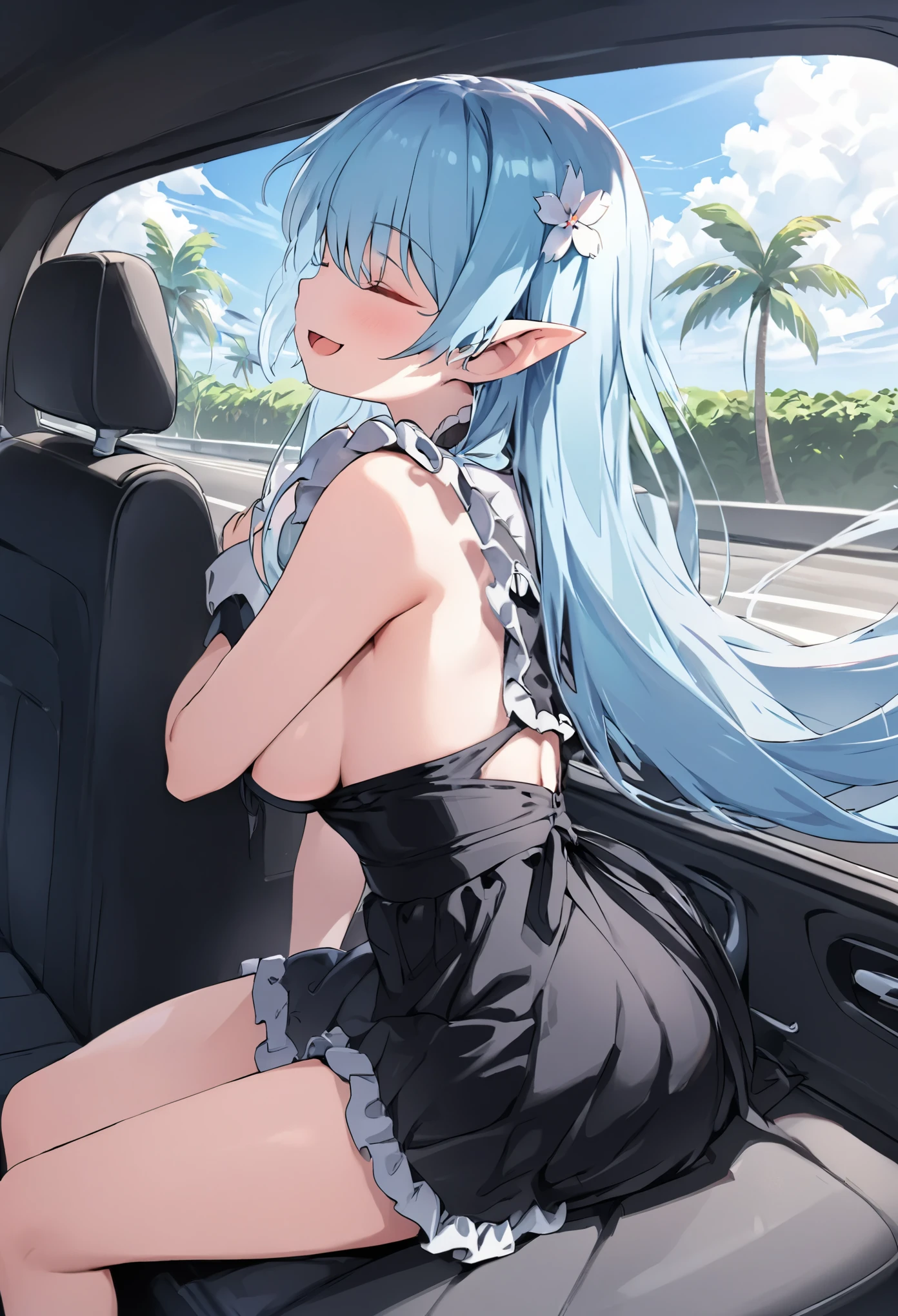 (masterpiece, best quality), (bare breasts ,thigh ), 1 elven girl,(light blue hair,twin tails ,Long hair is fluttering in the wind), hair between eyes,light blue hair,hair flower ornament ,(superb smile, close eyes), open mouth,large breast,pointed ears, maid dress, (( open front of the maid dress chest very wide )), view from side, profile,(Cruising the highway in a open car ) ,Palm trees line the shoreline,(sitting in the left seat of the open car)