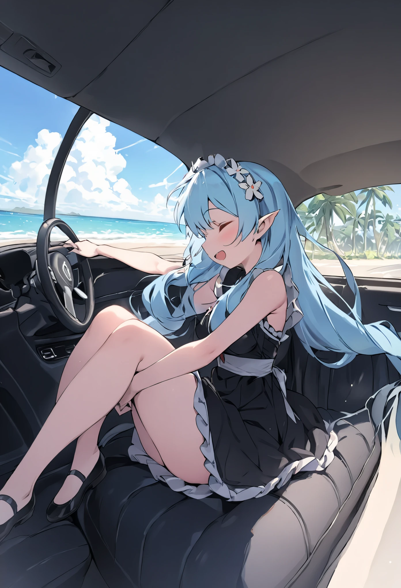 (masterpiece, best quality), 1 elven girl, ( bear ), (light blue hair,twin tails ,Long hair is fluttering in the wind), hair between eyes,light blue hair,hair flower ornament ,(blush, smile, close eyes), open mouth, white fairly dress,
((((undone clothing)))), (Open the front of the dress chest very wide), large breast colored hair,pointed ears,view from right side,(Cruising the highway in a open car ) , (color of the open car is white), ( the open car has 2 seats), (the open car has no roof), (passenger seat is left side in the open car), Palm trees line the shoreline,(sitting in the left seat of the open car)