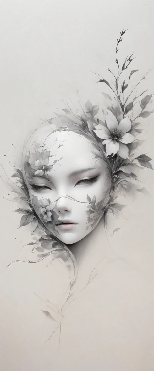 (Anime line drawing:1.5)，(black and white painting:1.45)，Minimalism，(line art:1.6)，sketch，Charcoal drawing，mask，flower,Illustration in surreal art style，surreal dream，Dubrec style,(multiple exposure：1.8),