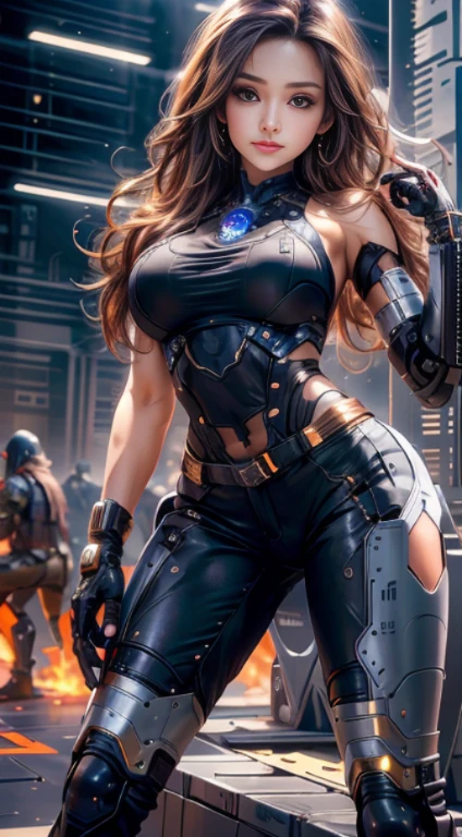 Virtual image,Realistic picture 8k,Top quality,Masterpiece,perfect anatomy,dynamic elements,evening light,Young woman with long brown hair,cyberpunk robot,Short jeans body - white tank top,Turning, legs spread, smiling staring at me. Behind the scenes of the armored warehouse