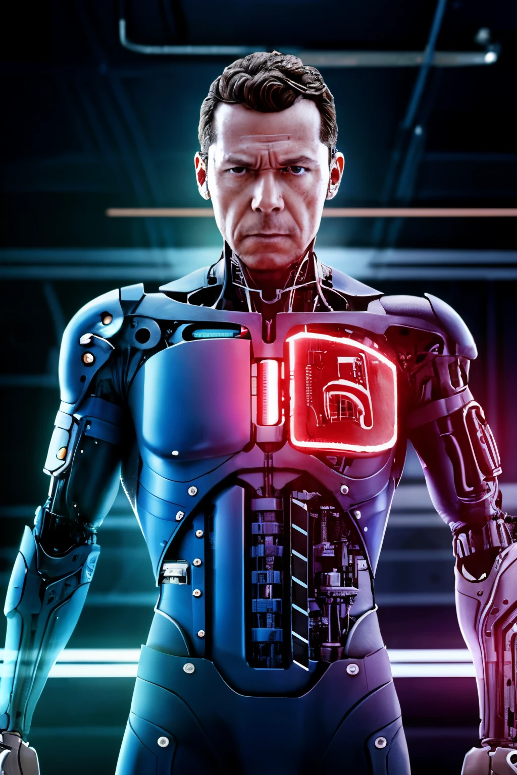 realistic depiction、Gutnel de Jour 23, A torso shot of a cyborg fully equipped with technology, Fios is not a place for blood vessels, Robot implants in the face, Bionic Eye, Artificial brain, A body of metal and flesh. resist, Complex, UHD