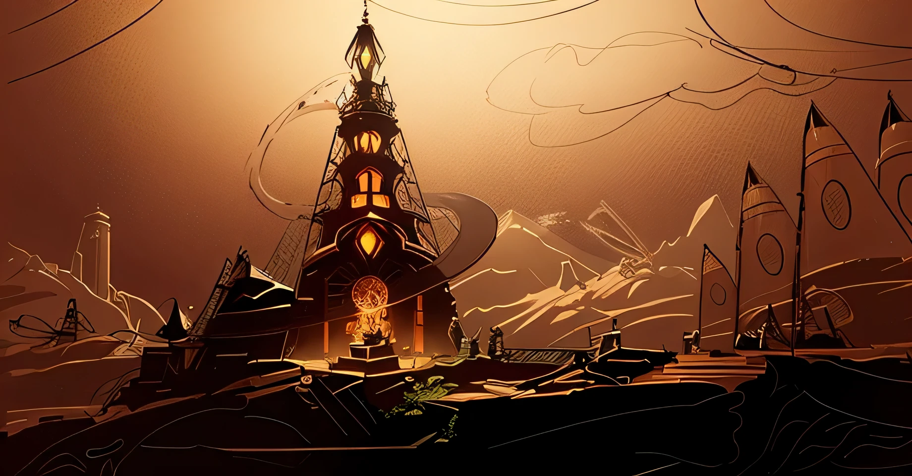 Drawing of a tower with a clock on top, mage tower in the distance, finished concept art, , simple line art, Work in progress, line work concept art, concept art for a video game, concept art sketch, Ancient epic tower in the desert, ornate border + concept art, Detailed but rough, concept art!, color,Color