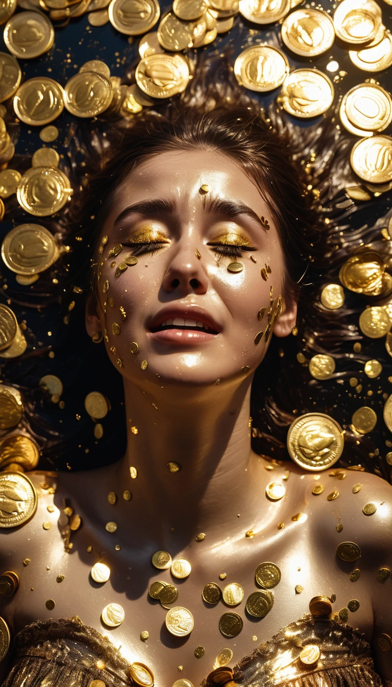 Art Photo, a photograph of a crying young woman plastered with dollar gold coins, overhead shot, dazzling sunlight, intricate, flashy, translucent, medium scene, grotesque art style, extremely creative, simple and mysterious, high quality, 8k