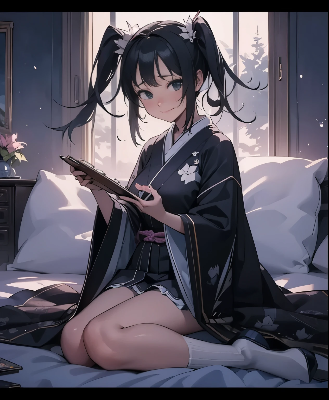 (masterpiece、highest quality、highest quality、official art、beautiful beautiful:1.2)、(1 girl:1.3)Hatsune Miku、twin tails,big breasts,A lily was quietly shining in the darkness。Its chastity iake you feel the darkness around you more deeply、noble beauty, on the contrary, It was alleviating loneliness and despair。Behind the glamorous beauty、There seems to be a hidden dark story.、Everyone was obsessed with the mystery。Japanese clothing、dark