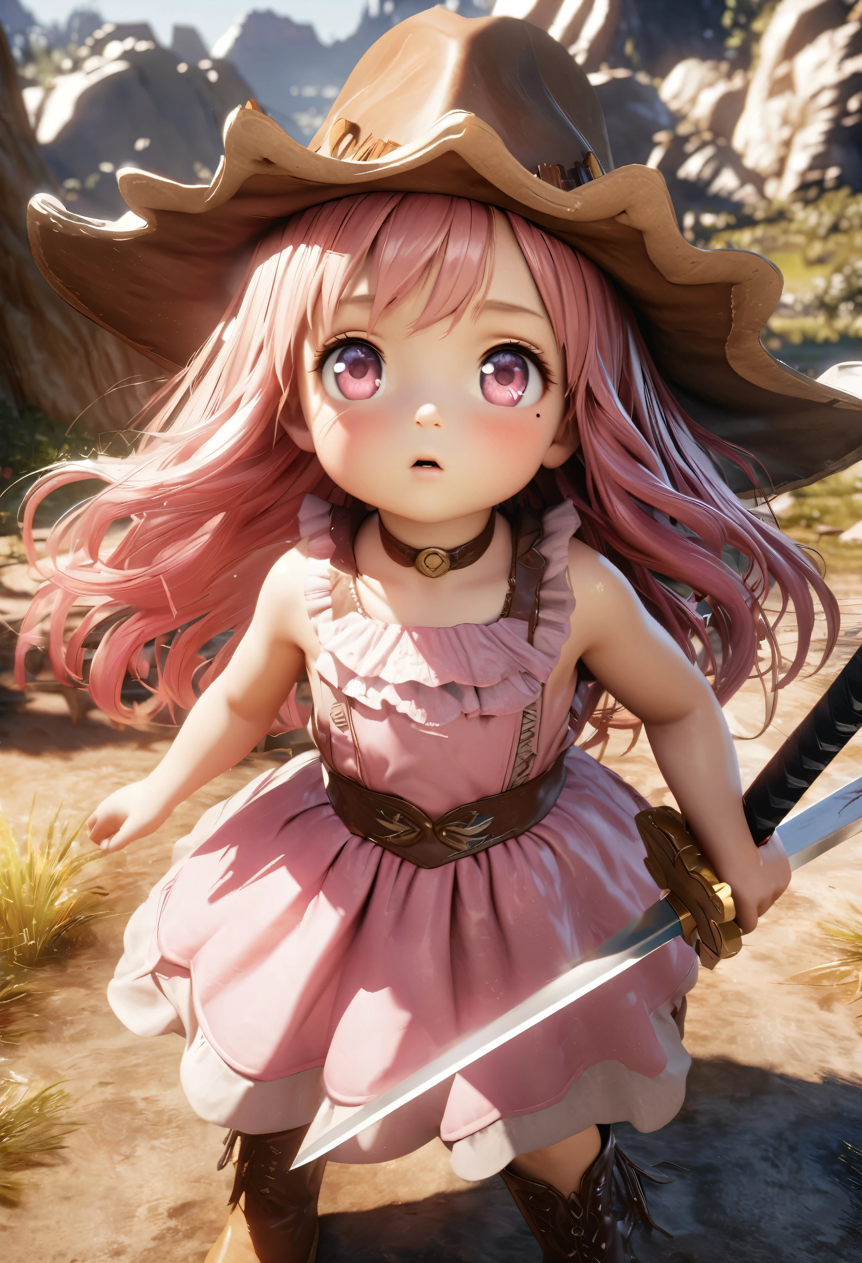 Masterpiece, Best Quality, Super Detailed, High Definition, Expensive Resolution, HDR, 4k, 8K, Unity 8k Wallpaper, Super Detailed CG, Masterpiece, Realistic, 2D, 3D, Beautiful Details, Depth, Fine Texture, Super Fine: 1.3, Complete concentration, crispy skin, him, very cute anime girl, about 3 years old, wearing cowboy style costume, large cowboy hat, baggy cowboy hat, cowboy boots technique Wilderness, duel, long sword, expensive pink One girl, about 3 years old, single, pink semi-long hair, cowboy style, cowboy hat, toy long sword, duel, cowboy boots under the eyes, gaze, expensive, blush, mole, parted lips, Hair ornament, heart, pink eyes, choker