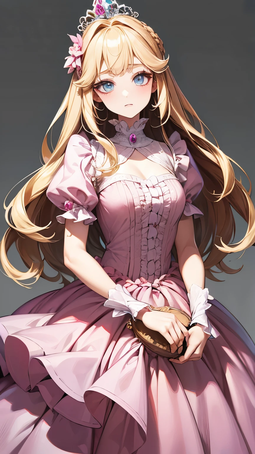 best quality, super fine, 16k, incredibly absurdres, extremely detailed, beautiful cute woman, big shining eyes, blonde two-sided princess hairstyle, and a princess-like pink frilly long flared skirt dress, simple color background