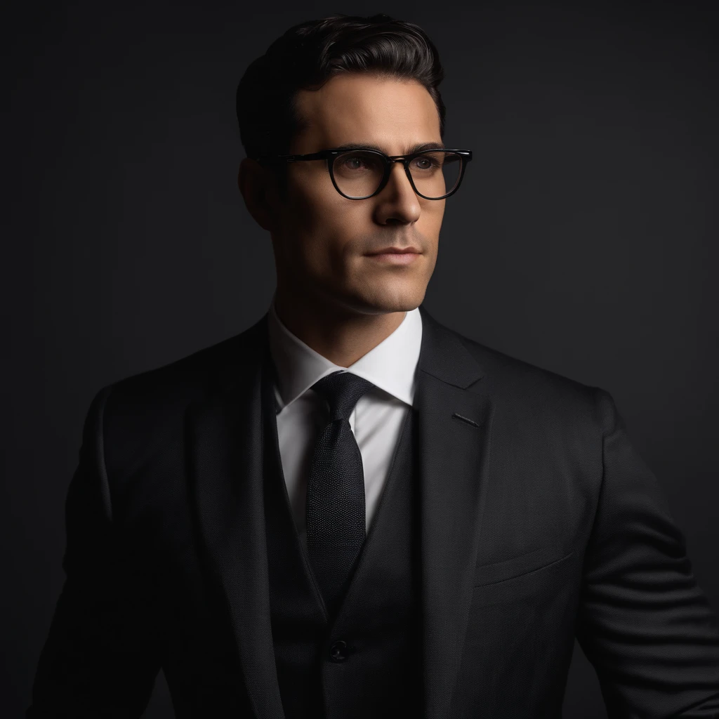 full-length man in suit and tie, suit and glasses, masculine face, firm chin line, dimpled chin, shaped jaw, wide cheekbones, black hair, Rafael Personnas, men in glasses, Ethan Klein, black hair, neat hairstyle, wide jaw, wide cheekbones, rectangular face, rounded chin, dimpled chin, brown eyes, deep-set eyes, wide nostrils, hooked nose, photorealistic face, realistically rendered face, very realistic face, accurately detailed face, very high quality face, one realistic face, 8k highly detailed face professional portrait close-up, business suit, Paolo Parente style, business suit, professional portrait in profile, business suit, portrait of man in suit, full-length, full-length man, full-length man, full-length, full-length photo, full-length portrait of man in suit full-length, free pose, dynamic pose, free background
