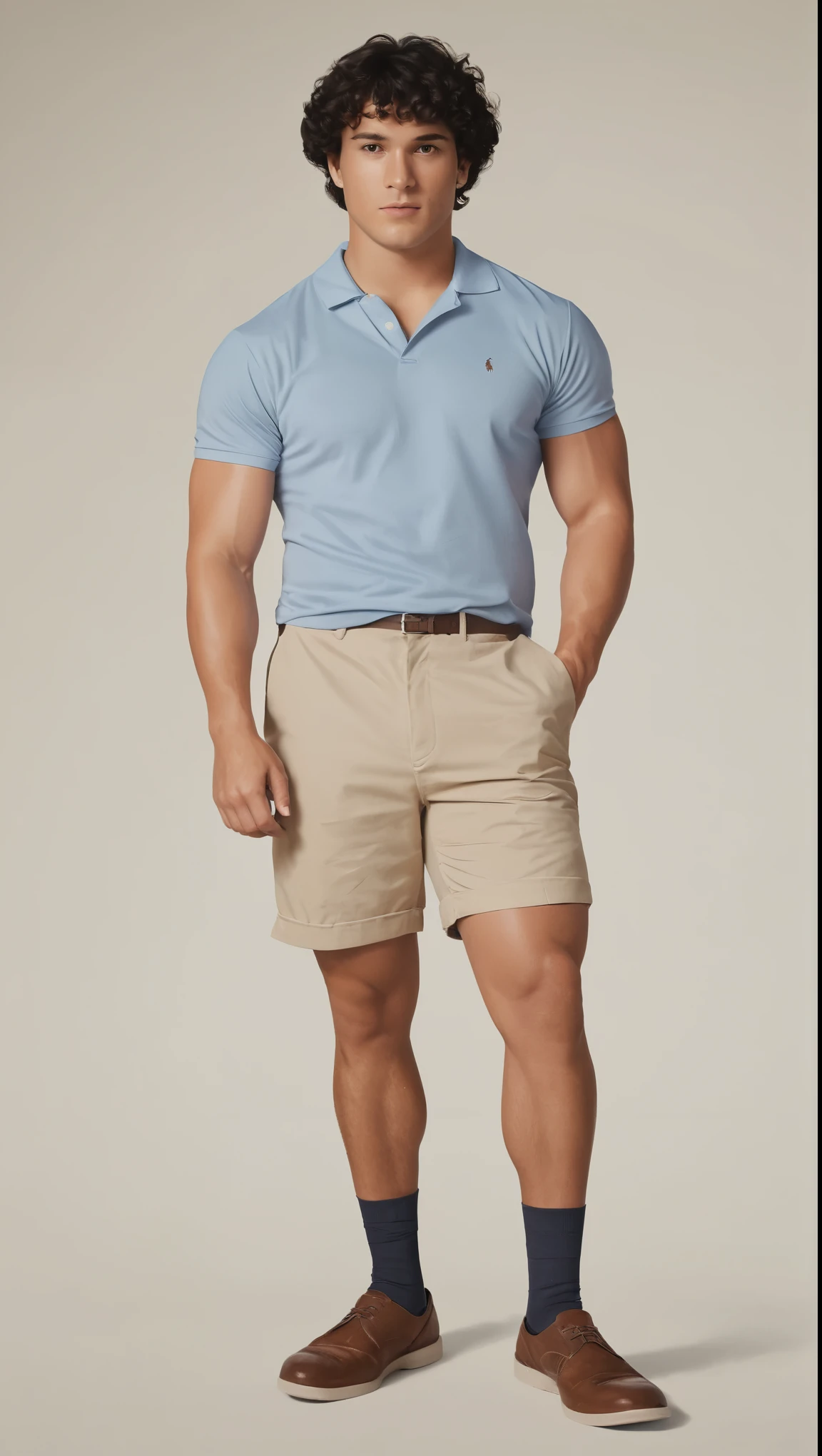 An illustrated movie poster, hand-drawn, full color, a man, 28 years-old, wearing a polo shirt and chino shorts, resembles Gavin Leatherwood, sun-tanned skin, stocky physique, soft belly, slightly chubby, deep brown eyes, wide bulbous nose, black hair, curly hair, thick bushy eyebrows, extremely hairy chest, stomach, and arms, lots of body hair, posing on a pedestal, hard shadows, graphite shading, stencil markings, airbrushed acrylic paint, masterpiece