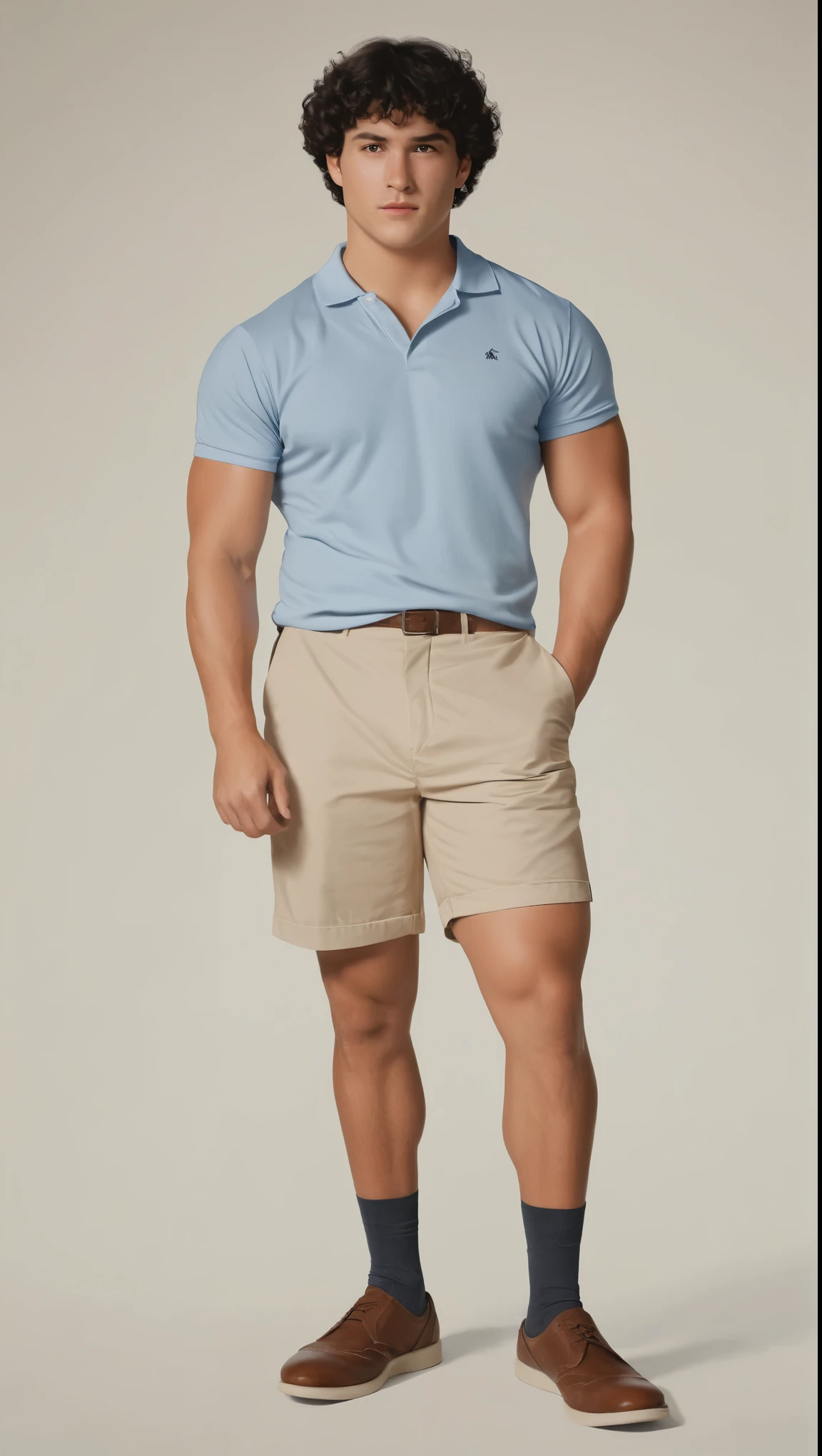 An illustrated movie poster, hand-drawn, full color, a man, 28 years-old, wearing a polo shirt and chino shorts, resembles Gavin Leatherwood, sun-tanned skin, stocky physique, soft belly, slightly chubby, deep brown eyes, wide bulbous nose, black hair, curly hair, thick bushy eyebrows, extremely hairy chest, stomach, and arms, lots of body hair, posing on a pedestal, hard shadows, graphite shading, stencil markings, airbrushed acrylic paint, masterpiece
