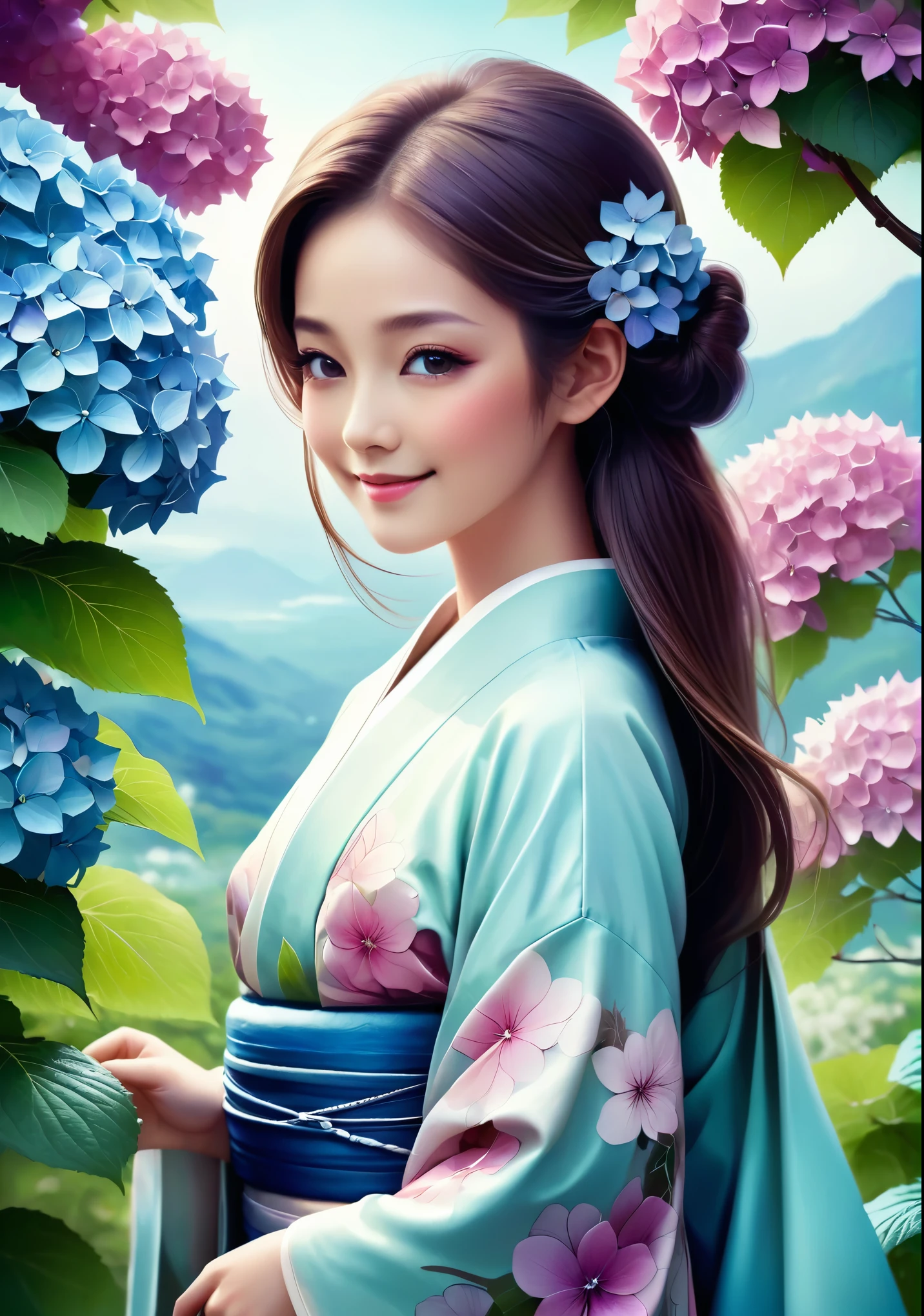 A pretty girl in a kimono decorated with Japanese hydrangea flowers stands like a beautiful model、 girl、Turn to me and smile、whole body、Hydrangea flowers with a valley in the background、beautiful digital illustrations, Beautiful artwork illustration, amazing digital illustrations, beautiful digital artwork, Works that influenced Anna Dittmann, amazing digital art, exquisite digital illustration, In the style of Anna Dittmann, beautiful digital art, beautiful amazing digital art, very beautiful digital art, beautiful fantasy art