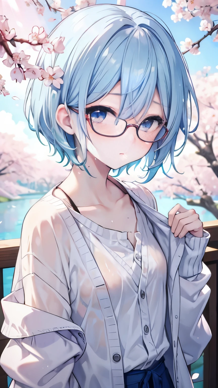 ,girl,best image quality,,light blue hair,,blue eyes,glasses,white skin,,short hair,straight hair,half eyes,,wet with sweat,baby doll,,cardigan,chest,tits,,,cherry blossoms,small,,