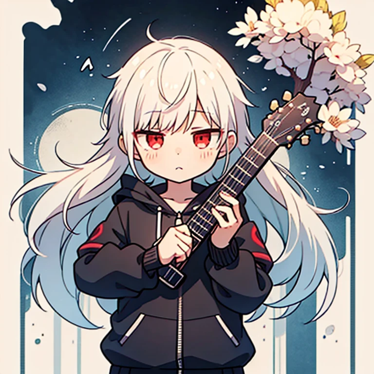 avatar image,Chibi,(1 person),shining eyes,red eyes,A white-haired boy wearing a black hoodie,Melancholic style, white haired god,bottomless,Maple Story Style, Bust-like,The camera captures the upper body,(Bust-likeカメラワーク),((Playing the Electric Guitar)),Music flows into your body, guitar