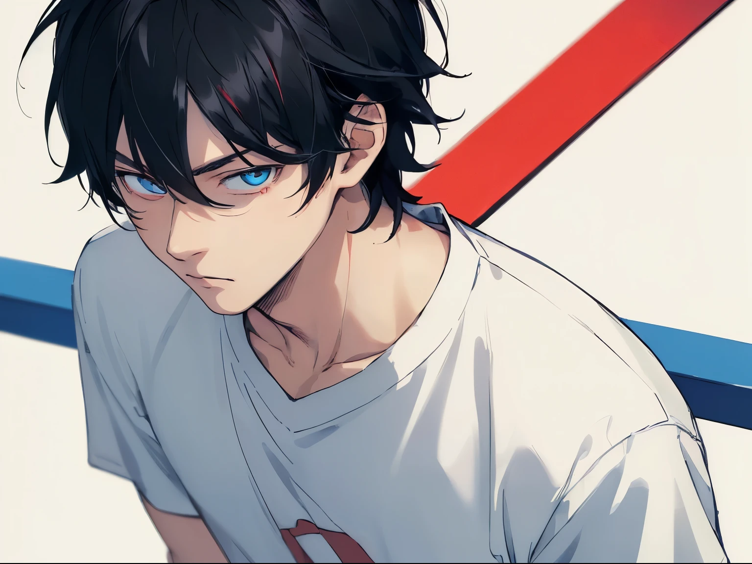 [(white background:1.5),::5], ((((masterpiece)))), high quality, ultra high resolution, full color, (((alone))), ((boy)), black hair, ((red energy)), blue eyes, japanese cartoon movies, upper body, neon lights, white shirt, upper body, 
