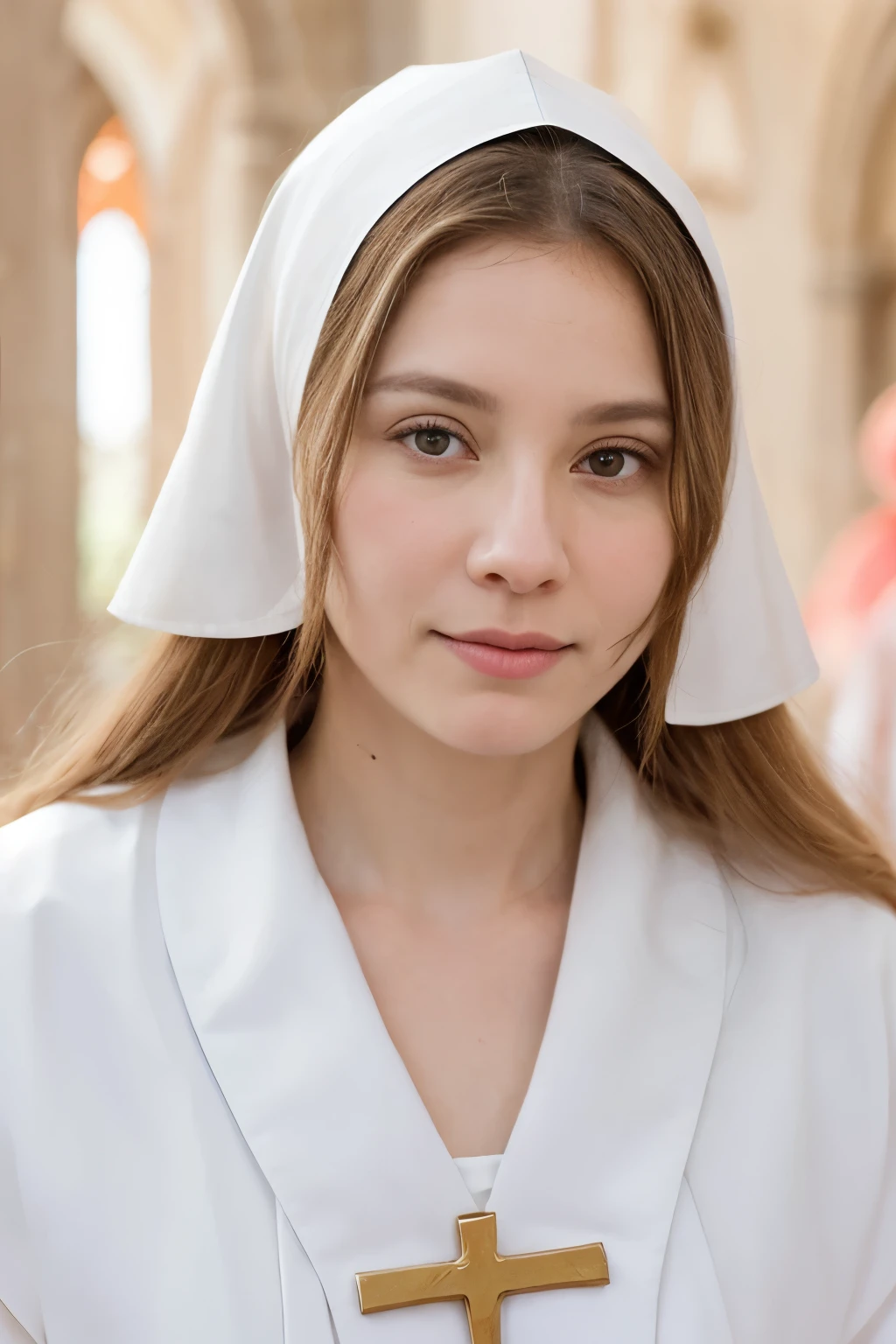 sacerdote con tunica blanca. rostro blanco, cabello largo y barga blanca. Mirando hacia el horixzonte que es blancusco