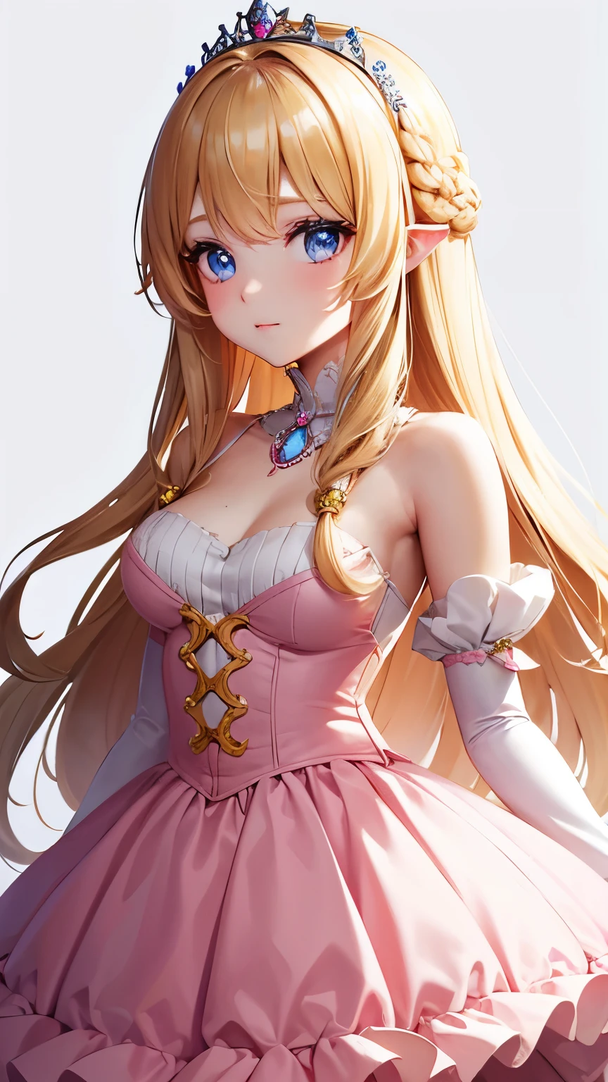 best quality, super fine, 16k, incredibly absurdres, extremely detailed, beautiful cute woman, shy, big shining eyes, blonde two-sided princess hairstyle, and a princess-like pink frilly long flared skirt dress, simple color background