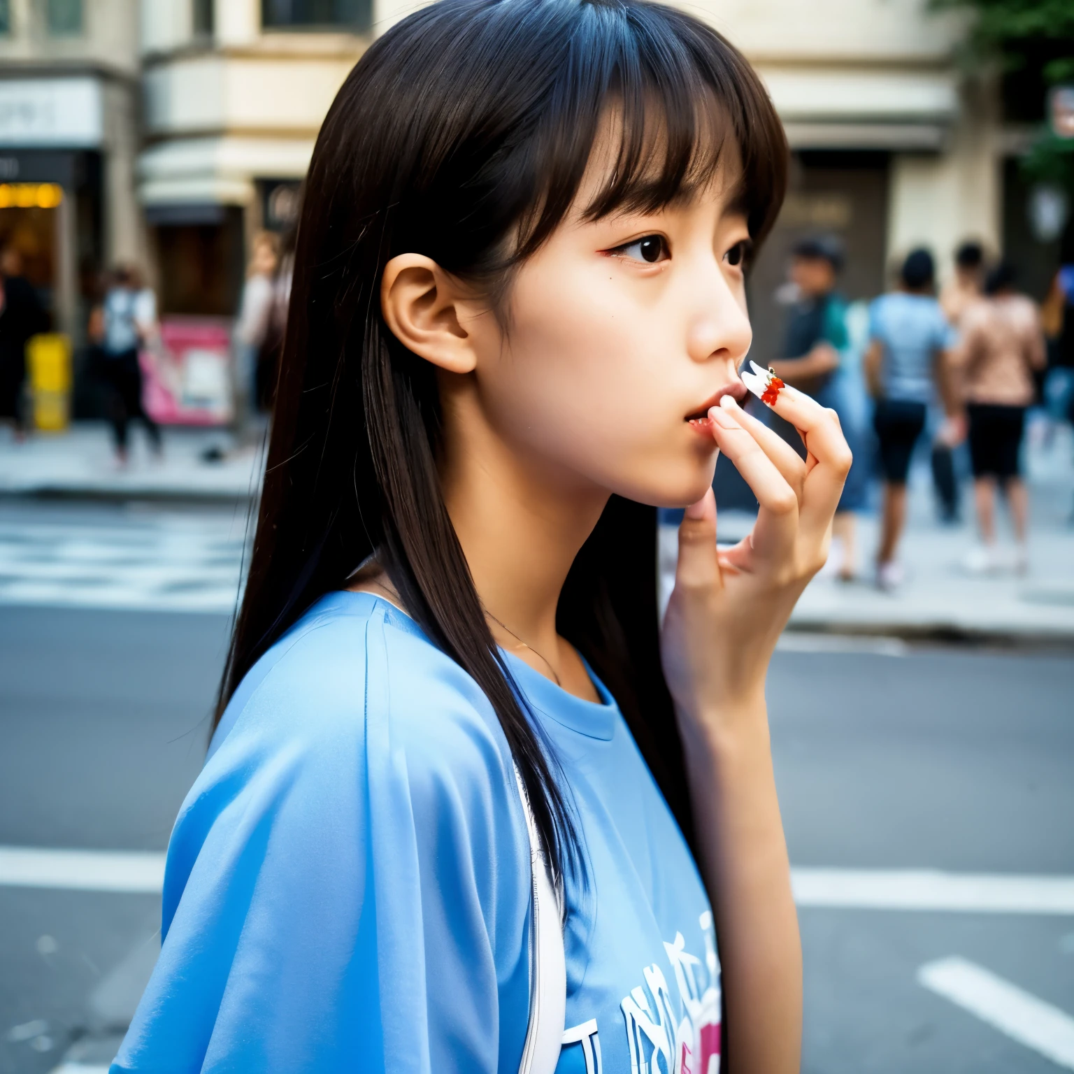 A girl in street clothes smoking a cigarette