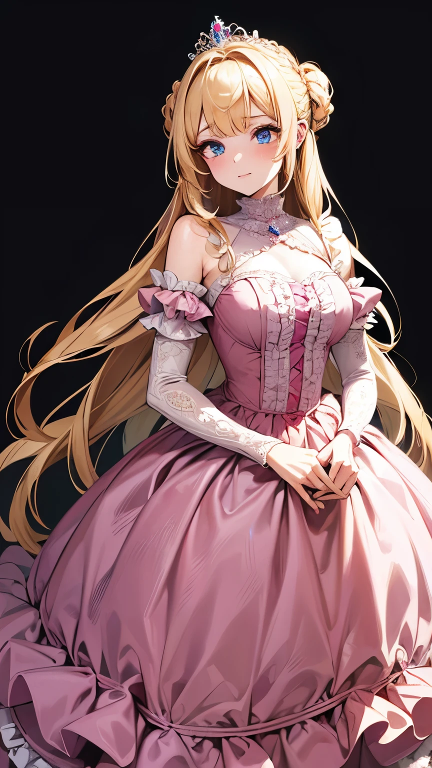 best quality, super fine, 16k, incredibly absurdres, extremely detailed, beautiful cute woman, shy, big shining eyes, blonde two-sided princess hairstyle, and a princess-like pink frilly long flared skirt dress, simple color background