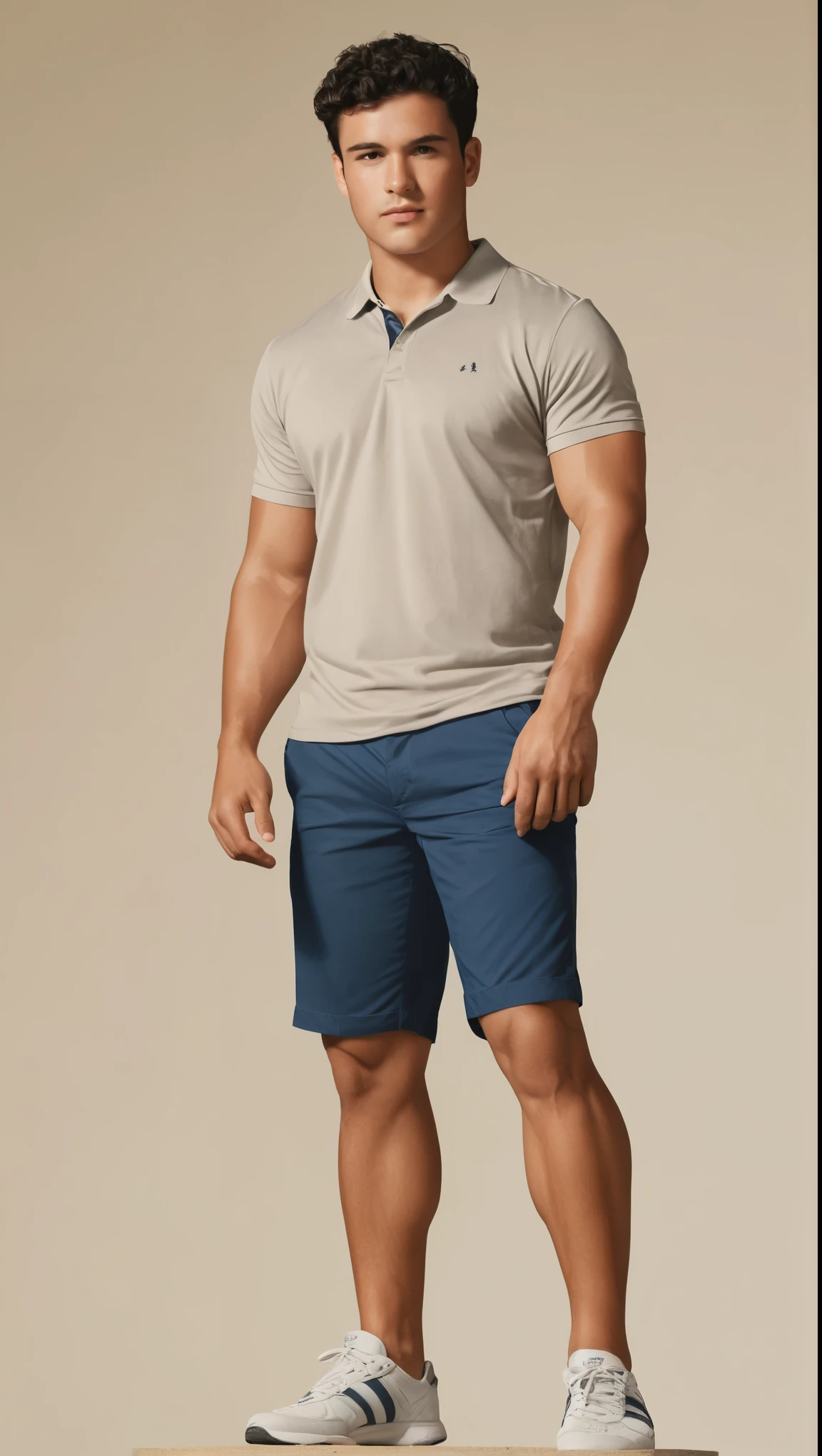 An illustrated movie poster, hand-drawn, full color, a man, 28 years-old, wearing a polo shirt and chino shorts, resembles Gavin Leatherwood, sun-tanned skin, stocky physique, soft belly, slightly chubby, deep brown eyes, wide bulbous nose, black hair, curly hair, thick bushy eyebrows, extremely hairy chest, stomach, and arms, lots of body hair, posing on a pedestal, hard shadows, graphite shading, stencil markings, airbrushed acrylic paint, masterpiece