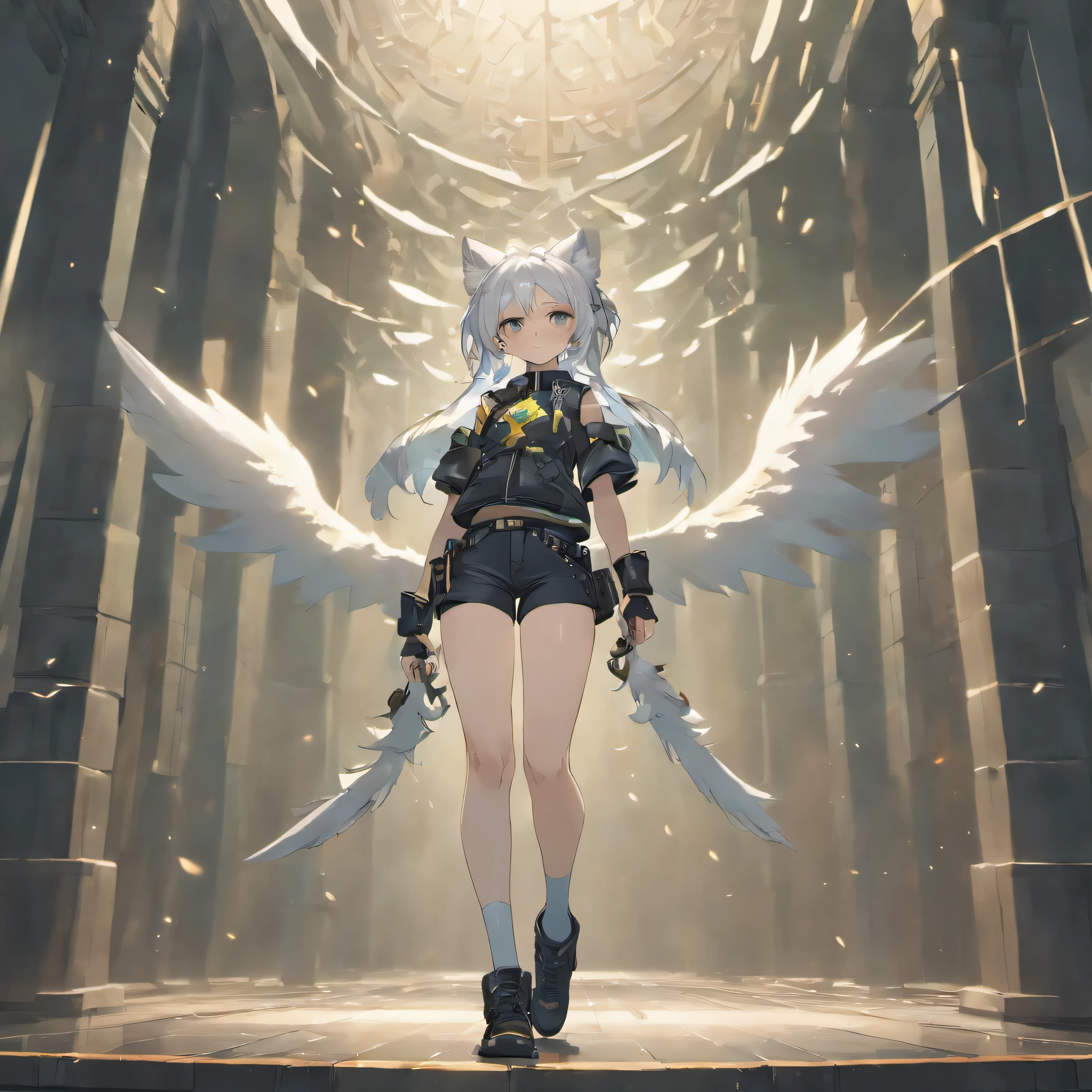 In this mesmerizing artwork, we are presented with a true masterpiece that captivates the viewer with its astonishingly high resolution and unparalleled level of detail. Created in an absurdly detailed 8K resolution, this image showcases the cutting-edge technology of ray tracing, resulting in realistic lighting and shadows that bring the artwork to life.
The focal point of the artwork is a shoulder-length haired teenage girl, adorned with two elegant white fox ears with black tips. Her unique appearance continues with a mesmerizing slim body that seamlessly merges with her white scaled dragon tail. This tomboyish character stands tall and confident, wearing military boots, black leggings, and military combat shorts. Her black T-shirt perfectly complements the white military camo jacket that is left open. Her fluffy white dragon wings spread open.