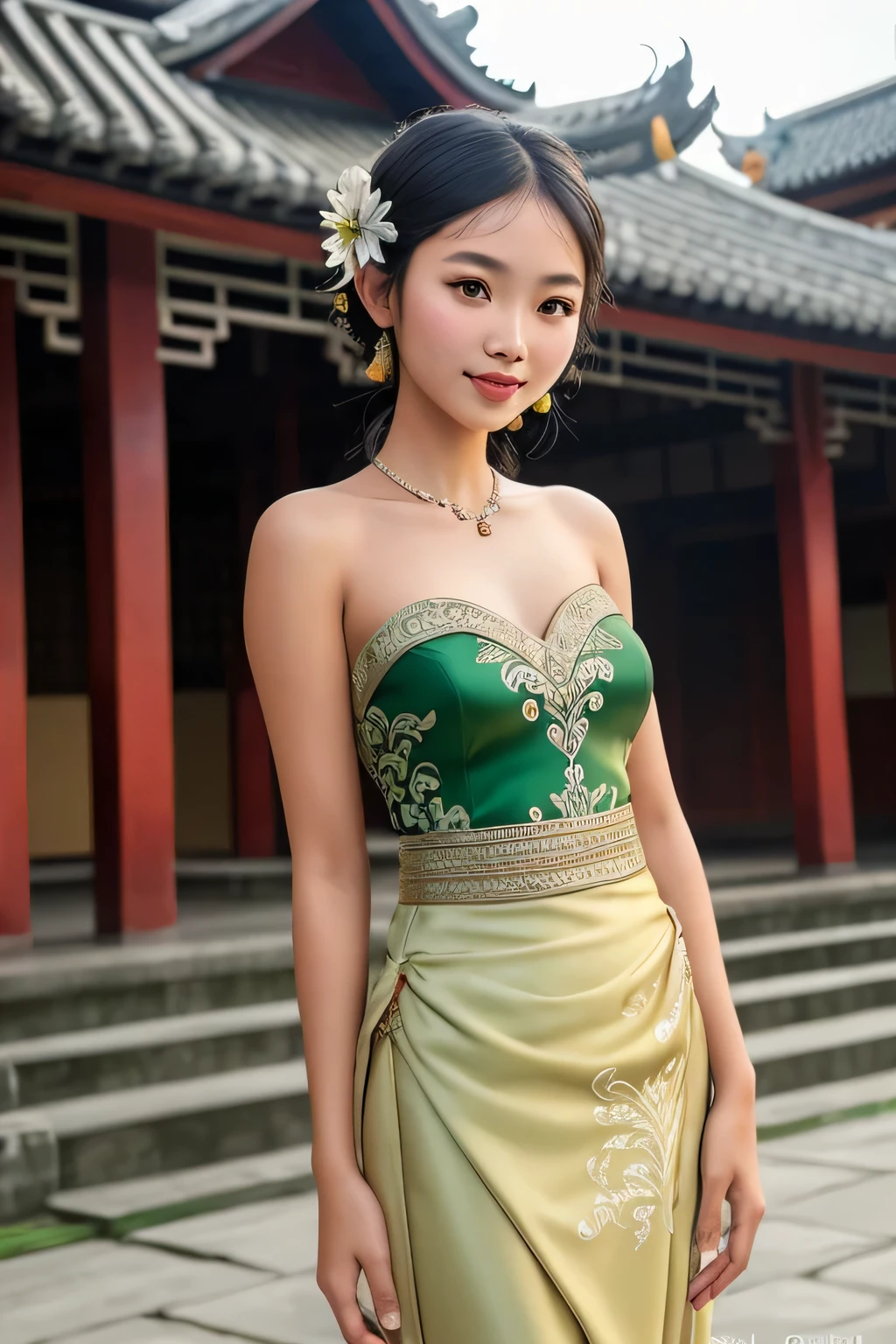 ((best quality)), ((masterpiece)), (detailed), perfect face young balinese girl wear Sleeveless strapless balinese green kebaya dress in front of balinese temple