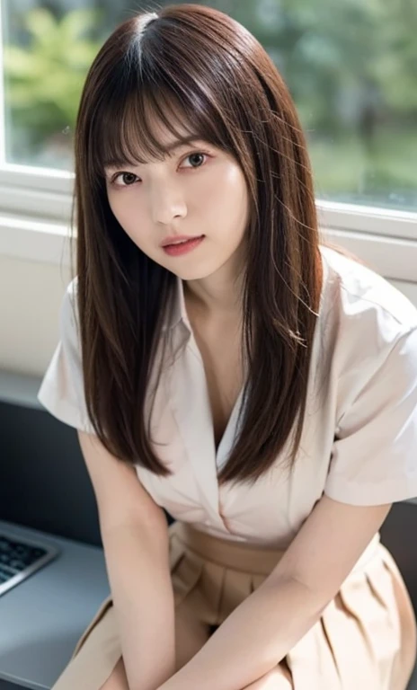 masterpiece、highest quality、16K、soft light、professional lighting、Pale shading、Weak contrast、Japanese、beautiful girl、daytime office、Window seat、sitting in front of the computer、Pink tight blouse、pleated skirt of beige color、smooth and beautiful thighs、(big breasts:1.3)、Faint cleavage、fine and beautiful eyes、cute hanging eyes、gentle smile、(Thin, straight, long hair、high ponytail),(The bangs are see-through bangs)、