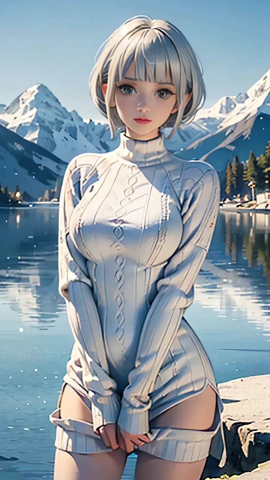 (White one piece knit sweater),((1girl,cute,young,pixie cut beautiful silver blonde hair,blunt bangs,beautiful green eyes)),(solo),((masterpiece, highest resolution,best quality)), (beautiful illustration),(White figure skate costume),
(looking at the viewer), innocent smile,cinematic lighting,beautiful icy lake and mountains,flowers,trees,snow,blue sky