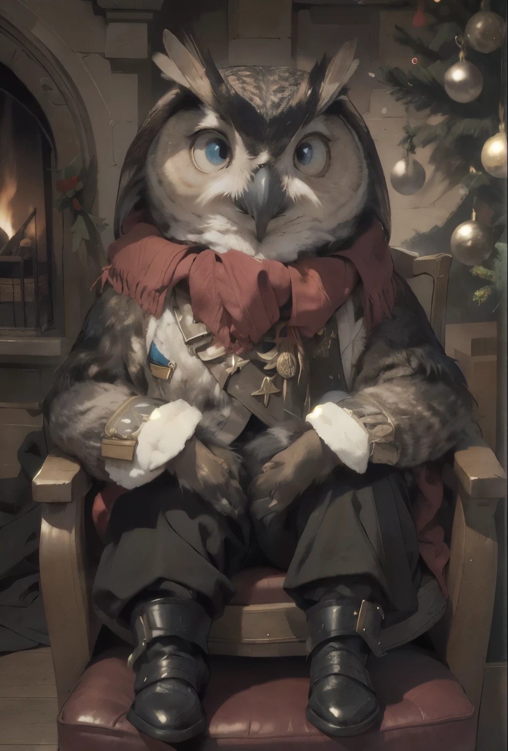 realism, picture, Fantastic tale, Christmas style, John Tolkien style, Small painting by Jean-Baptiste Monge, Rocker owl hugs rocker swallow, soft facial features, sitting in a chair with flowing black hair , Straight hair , near the Christmas tree, soft facial features, Wearing trousers, Wearing a sweater, With light makeup, dark pink lips, lip shape"pearl" ,"curved eyebrows in the shape of Engriberts, Blue eyes, heavy-lidded eye shape, human hand, Human hand, very clear without flaws with five fingers,Черные длинные Straight hair ,, In a short red sweater, in black trousers,mischievous character, a fireplace, Christmas tree, present, Jean-Baptiste Monge, anthropomorphic --ar 2:3 --testp - optimistic; Straight hair