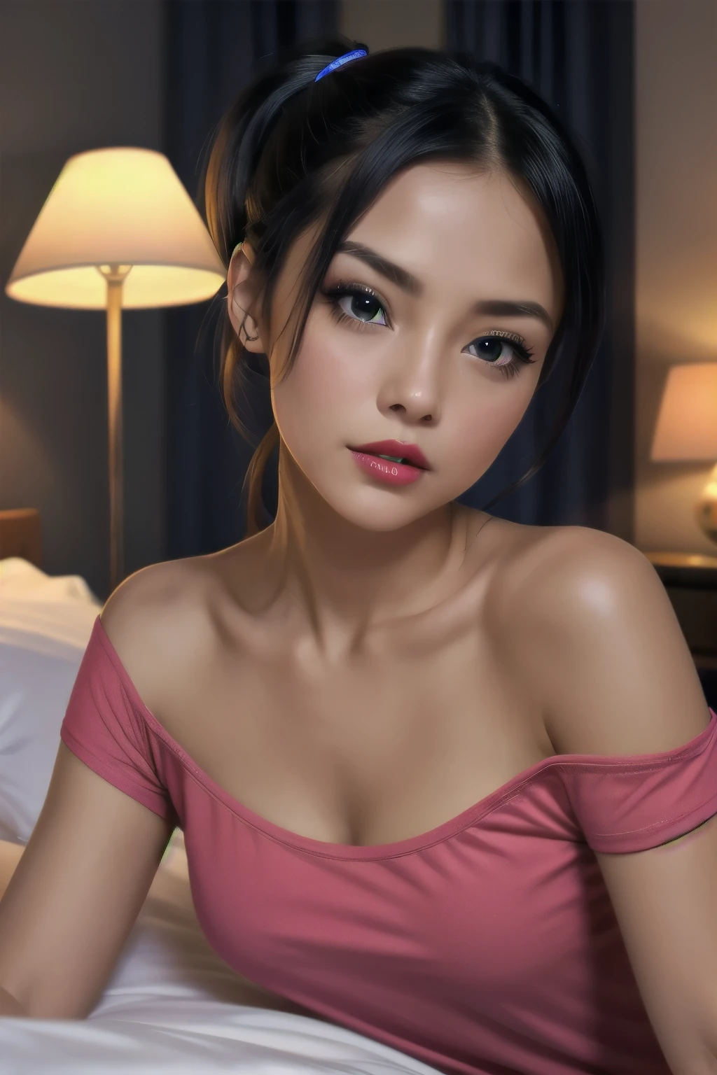 Close up shot, cute , black hair in two medium ponytails, sexy eyes, intense eye contact, small nose, red lips, orgasmic face, neck, collarbone, loose dark pink t shirt, bare shoulder, lying in bed, bed, bedroom, dark room, one lamp,, in bed