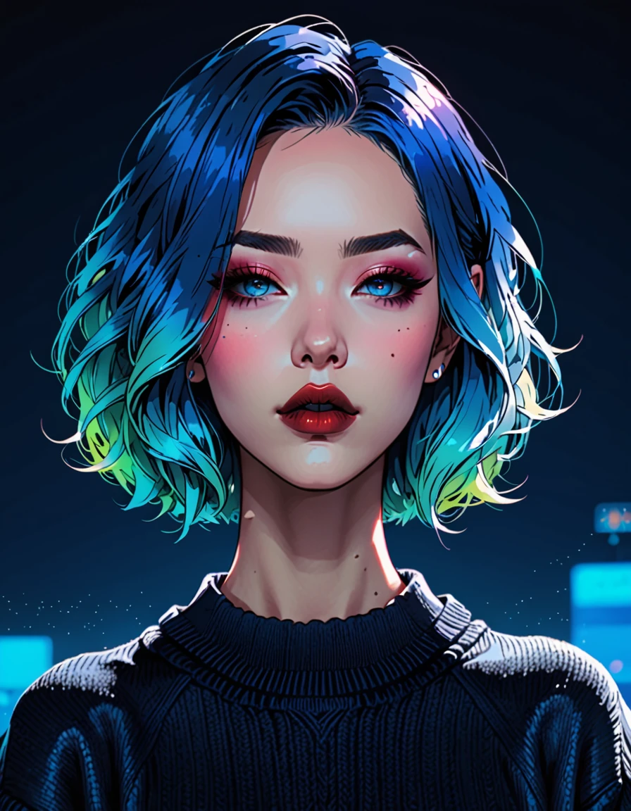 (best quality, sketch:1.2),realistic,illustrator,anime,1 girl, detailed lips,sweater,custom,blue gradient background,neon hair,textured cropping,Canadian, masterpiece, style retro classic, noir dark 