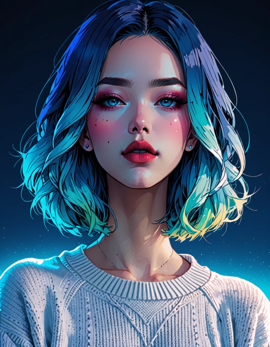 (best quality, sketch:1.2),realistic,illustrator,anime,1 girl, detailed lips,sweater,custom,blue gradient background,neon hair,textured cropping,Canadian, masterpiece, style retro classic, noir dark