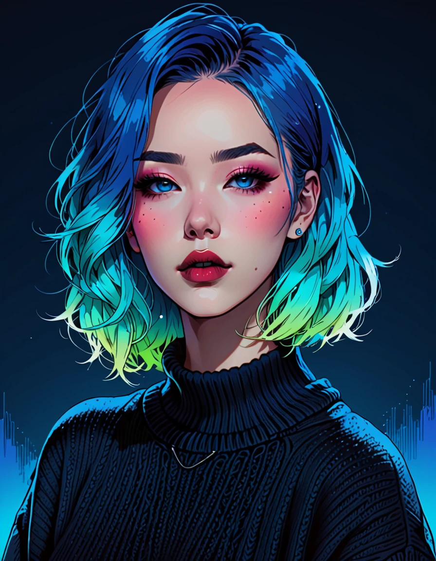 (best quality, sketch:1.2),realistic,illustrator,anime,1 girl, detailed lips,sweater,custom,blue gradient background,neon hair,textured cropping,Canadian, masterpiece, style retro classic, noir dark 