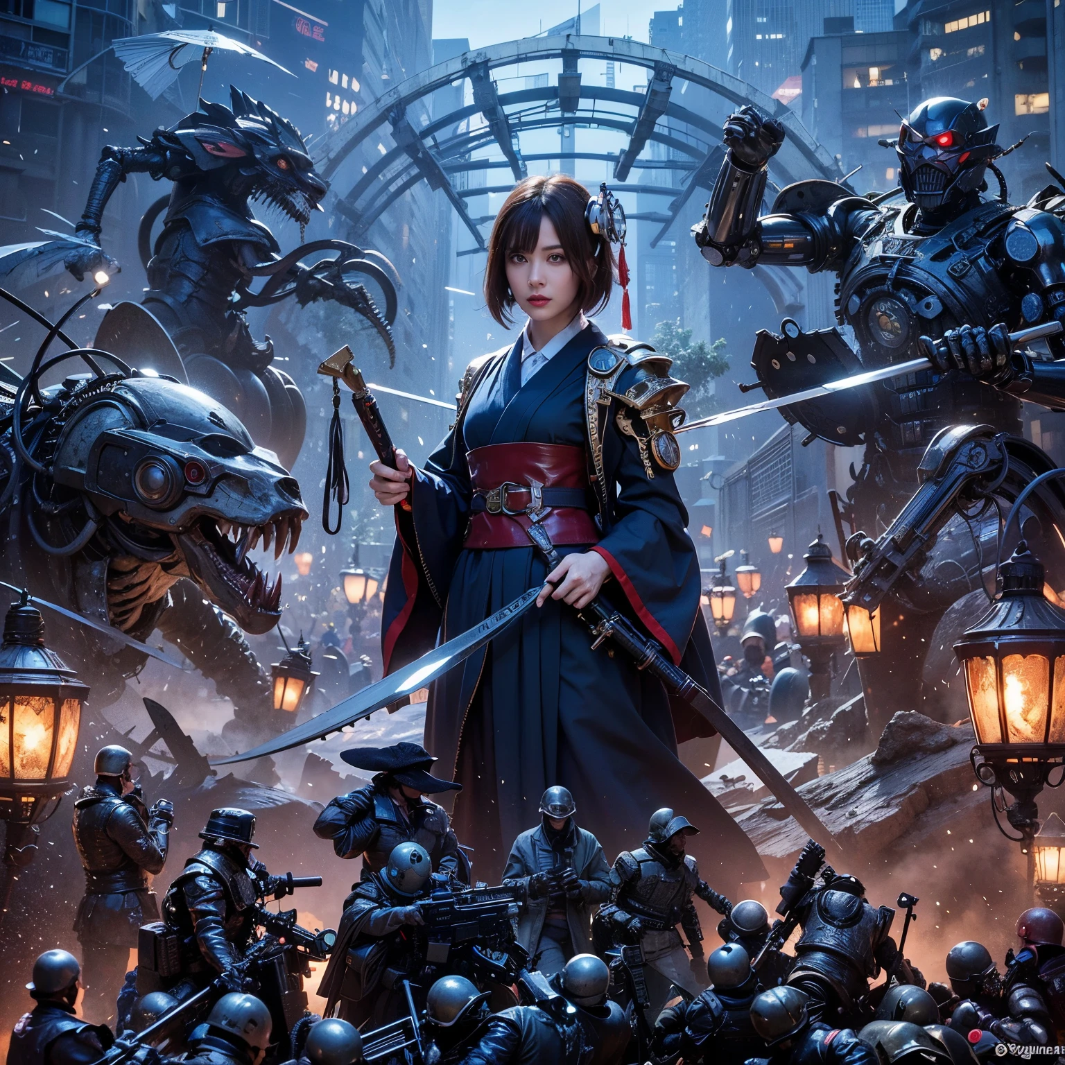 (top-quality:1.2, masterpiece)、ultra high resolution、extremely ultra surrealism, (Photorealsitic:1.4)、Raw photo、(Steampunk Battle Cyborg fallen angel)、large wings made of metal、black porcelain body、red hair、glowy skin、1 Cyborg girl、(mechanical frame:1.3)japanese, extremely cute face, ((super realistic details))、portrait、globalillumination、Shadow、octan render、8K、ultrasharp、character edge light、Details of complex ornaments、Acrylic Clear Cover、Sumerian details、Hydraulic cylinder、Small LED lamp、highly intricate detail、Realistic light、a purple eye、radiant eyes、Facing the camera、neon details、cowboy shot、Futuristic headgear、About Cyberpunk