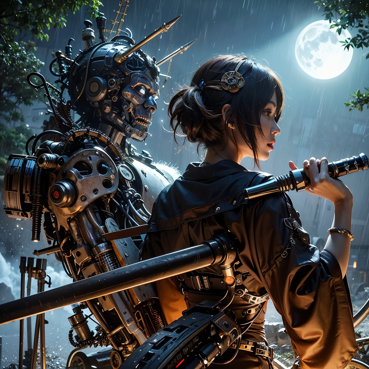 (top-quality:1.2, masterpiece)、ultra high resolution、extremely ultra surrealism, (Photorealsitic:1.4)、Raw photo、(Steampunk Battle Cyborg fallen angel)、large wings made of metal、black porcelain body、red  hair、glowy skin、1 Cyborg girl、(mechanical frame:1.3)japanese, extremely cute face,  ((super realistic details))、portrait、globalillumination、Shadow、octan render、8K、ultrasharp、character edge light、Details of complex ornaments、Acrylic Clear Cover、Sumerian details、Hydraulic cylinder、Small LED lamp、highly intricate detail、Realistic light、a purple eye、radiant eyes、Facing the camera、neon details、cowboy  shot、Futuristic headgear、About Cyberpunk