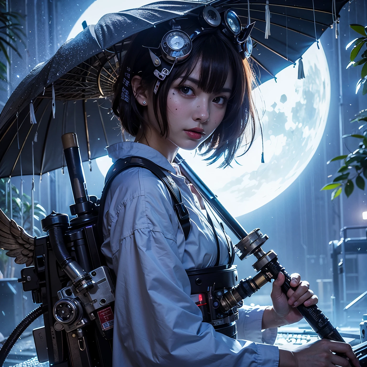 (top-quality:1.2, masterpiece)、ultra high resolution、extremely ultra surrealism, (Photorealsitic:1.4)、Raw photo、(Steampunk Battle Cyborg fallen angel)、large wings made of metal、black porcelain body、red hair、glowy skin、1 Cyborg girl、(mechanical frame:1.3)japanese, extremely cute face, ((super realistic details))、portrait、globalillumination、Shadow、octan render、8K、ultrasharp、character edge light、Details of complex ornaments、Acrylic Clear Cover、Sumerian details、Hydraulic cylinder、Small LED lamp、highly intricate detail、Realistic light、a purple eye、radiant eyes、Facing the camera、neon details、cowboy shot、Futuristic headgear、About Cyberpunk