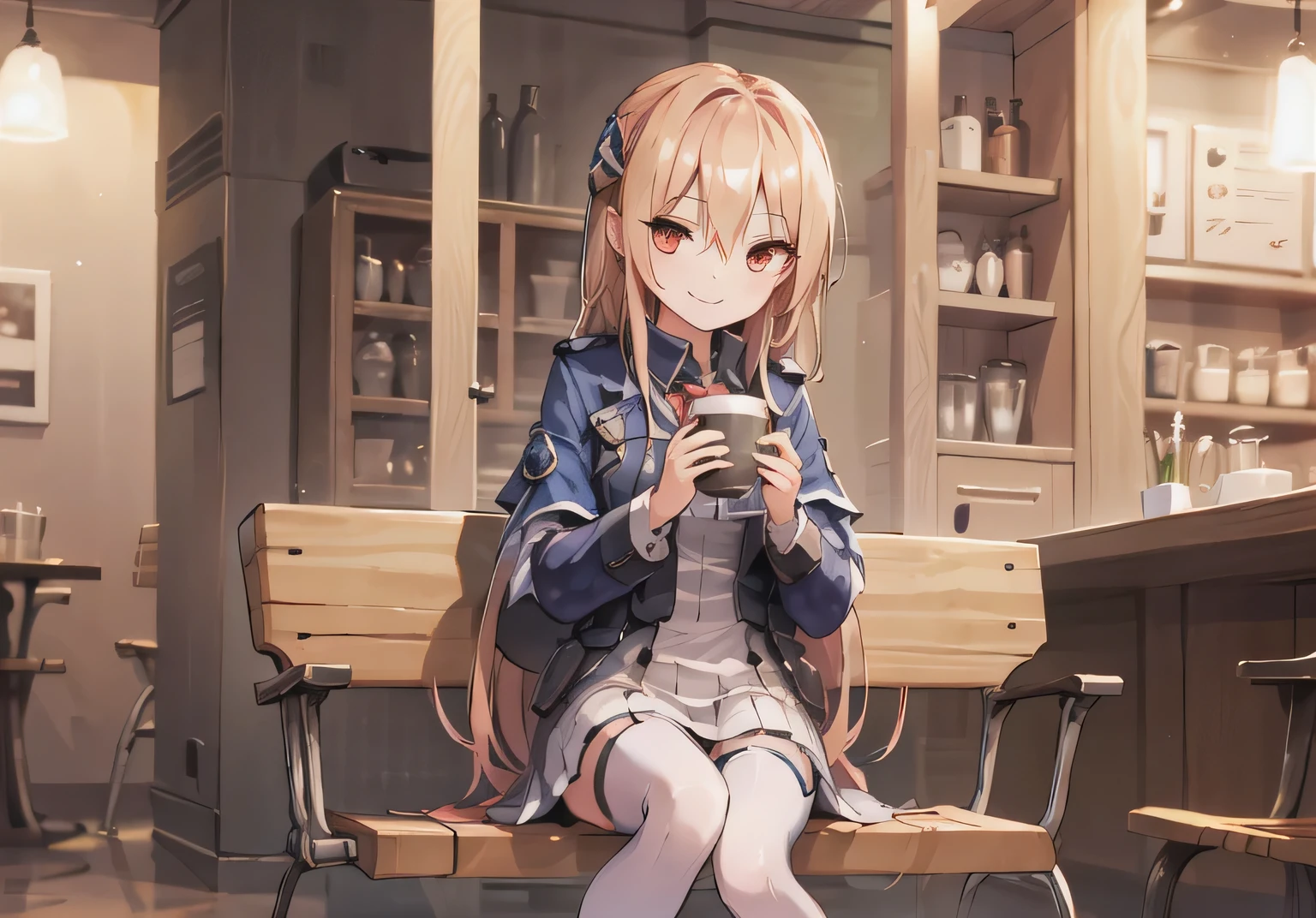 masterpiece,highest quality,1 girl, alone, Cafe, sitting, Hold Cup, muffin, Cafe Table, white legwear, night, light, smile, think back, Depth of the bounds written, hair ornaments, indoors, yuina, red eyes,