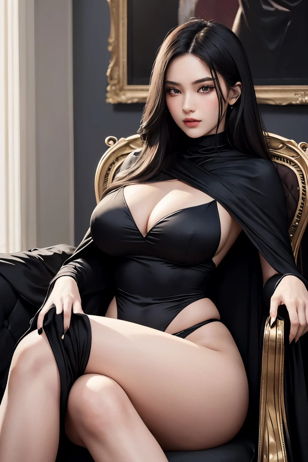 A 21-year-old woman exudes  appeal as she sits on a plush sofa, her black cape draped elegantly over the back of the chair. One crossed leg reveal her toned thigh, and the soft, warm light illuminates her alluring figure. The cape, made of supple black silk, clings to her curvaceous body, accentuating her youthful charm and the deadly allure of a  assassin. Her porcelain skin glows beneath the gentle light, and her eyes, framed by thick lashes, smolder with an intensity that speaks of mystery, danger, and allure. Despite her sinister profession, her beauty transcends the