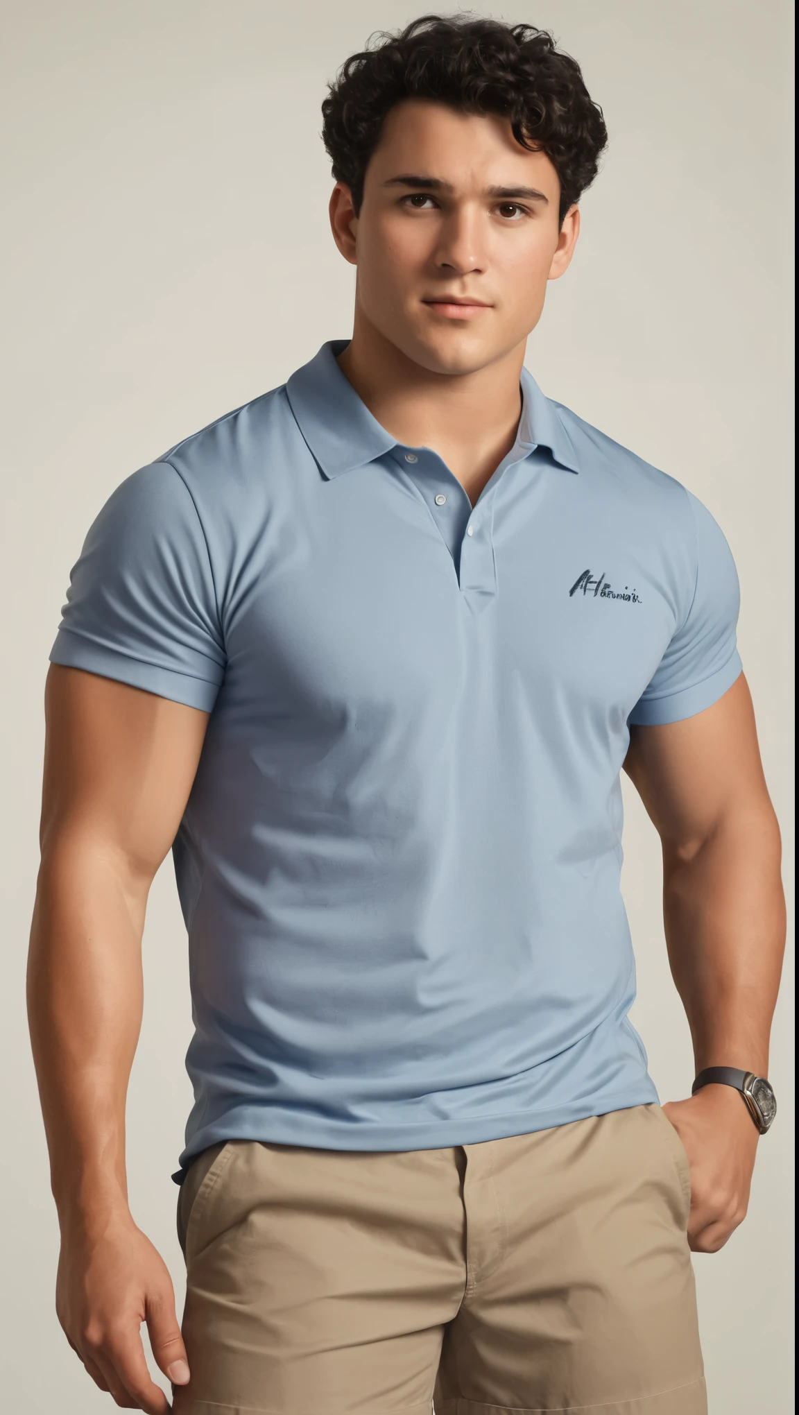 An illustrated movie poster, hand-drawn, full color, a man, 28 years-old, wearing a polo shirt and chino shorts, resembles Gavin Leatherwood, sun-tanned skin, stocky physique, soft belly, slightly chubby, deep brown eyes, wide bulbous nose, black hair, curly hair, thick bushy eyebrows, extremely hairy chest, stomach, and arms, lots of body hair, posing on a pedestal, hard shadows, graphite shading, stencil markings, airbrushed acrylic paint, masterpiece
