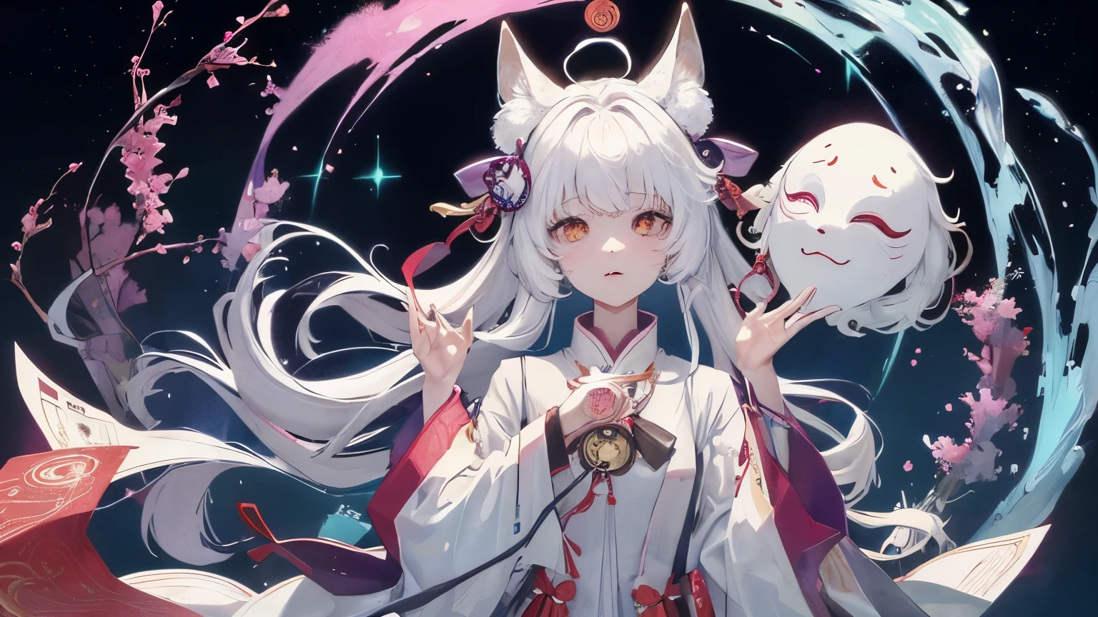 (table top, highest qualityの, highest quality, official art, beautiful and aesthetic:1.2), (1 girl:1.3), (fractal art:1.3),Listening to music through headphones、Ghost Fire、Mononoke、similarly、ghost、Taoism、Yin Yang Dao、astrology、curse、white fox mask、Okame Mask、Like a face、occult、metaplasia、nine tailed fox、amulet、bill、Sealed bills、pentagram,Very beautiful fantasy background