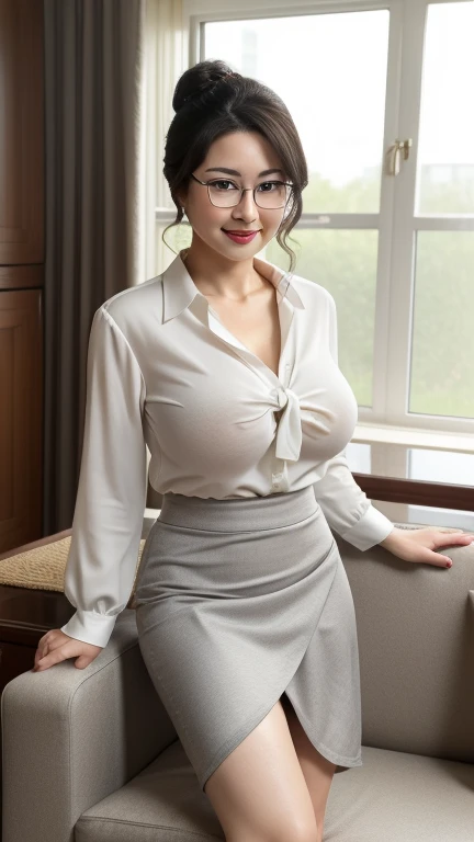 ((photograph))、((real photo))、mature adult woman、High resolution、((highest quality,8k,masterpiece))、((Full body shot 0.85)) facial portrait, gentle smile、 ((pale lipstick)), sensual, ((Very big breasts 2.3))Medium Hair, black hair, tied her hair in a bun, formal wear, ((white blouse)), gray tight skirt, Glasses, chubby woman,living room at home、