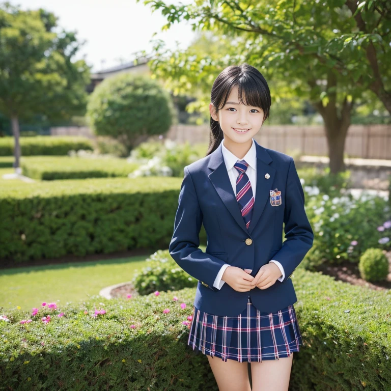 ((8K)),((Japanese)),(16 years old:1.6),(innocent face:1.5),(highly detailed face),girl,cute,uniform,blazer,Chak-patterned skirt,garden,black hair,baby face、smile