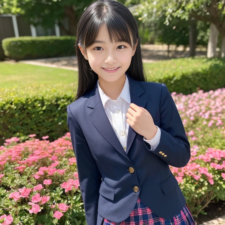 ((8K)),((Japanese)),(:1.6),(innocent face:1.5),(highly detailed face),girl,cute,uniform,blazer,navy blue plaid skirt,black hair,baby face、smile、garden、