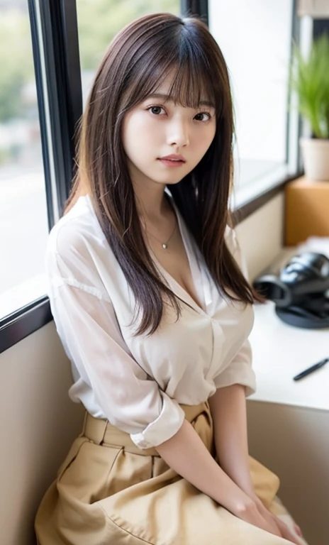 masterpiece、highest quality、16K、soft light、professional lighting、Pale shading、Weak contrast、Japanese、beautiful girl、daytime office、Window seat、sitting in front of the computer、Pink loose blouse、pleated skirt of beige color、smooth and beautiful thighs、(big breasts:1.3)、Faint cleavage、fine and beautiful eyes、cute hanging eyes、gentle smile、(Thin, straight, long hair、high ponytail),(The bangs are see-through bangs)、