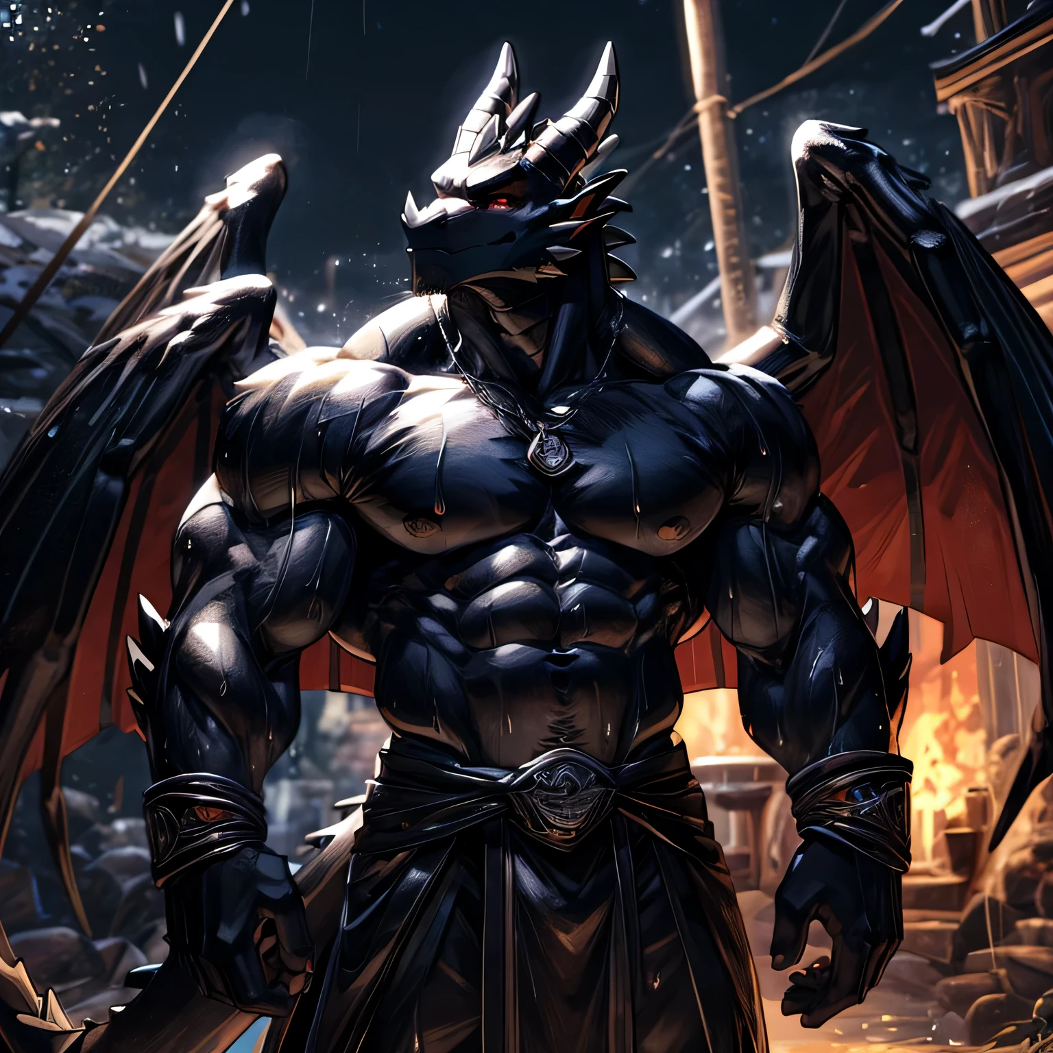 A tall and thin muscular black dragon,sus ojos de color rojos penetrante,His muscular black chest and six pack yq (((este sudando muy excesivo))),that has wings behind its back black and red,que solo lleve (taparrabos cortos de color negro con dorado), fondo:that he is alone walking in the middle of the night and that it is raining very intensely that the (((black dragon sweating excessively))),(((no accessories or objects on his entire muscular body sweating excessively))),(((que todo su cuerpo salga todo mojado por la lluvia intensa))).