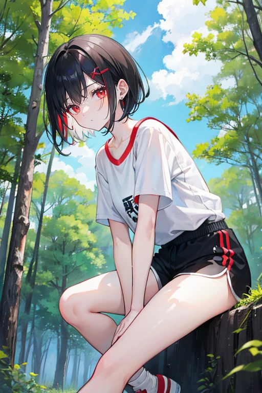 black hair，red eyes，，short hair，sister head，earring ，Two white hairpins，short sleeve shorts，Wearing sneakers，Don't show your arms，The background is a forest ，Tall trees，Blue sky and white clouds
