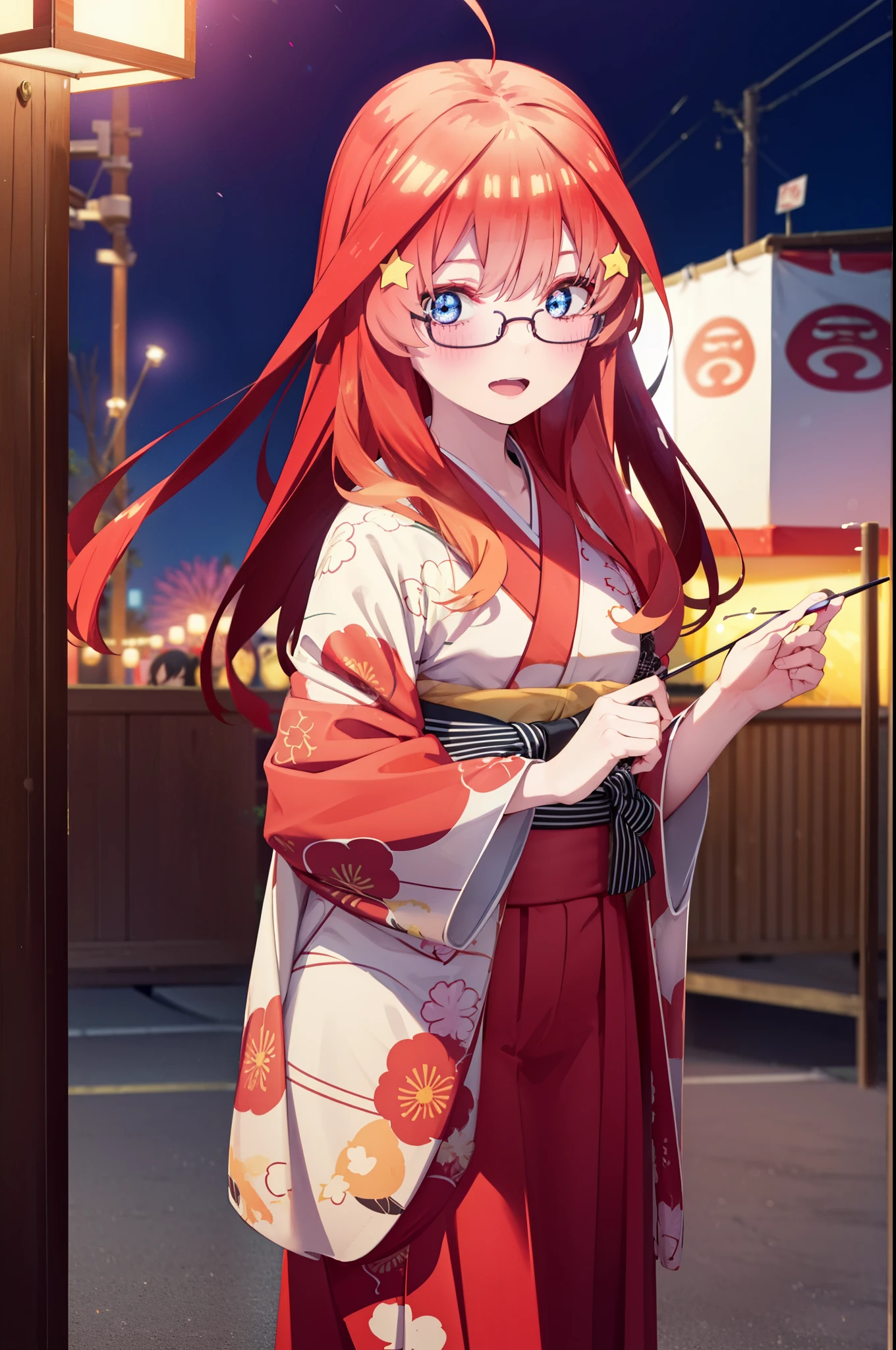 itsukinakano, itsuki nakano, bangs, blue eyes, hair between eyes, Ahoge, redhead, star \(symbol\), hair ornaments, star hair ornaments,Akagi glasses,smile,blush,happy atmosphere,open your mouth,long hair,tie your hair back,Red gorgeous kimono,night空のfirework,firework,Zori sandals,japanese festival,summer festival stalls,red lantern,night,イラストにwhole bodyが入るように, night
break outdoors, shrine,                                              break looking at viewer,whole body,(cowboy shot:1.5),
break (masterpiece:1.2), highest quality, High resolution, unity 8k wallpaper, (shape:0.8), (fine and beautiful eyes:1.6), highly detailed face, perfect lighting, Very detailed CG, (perfect hands, perfect anatomy),