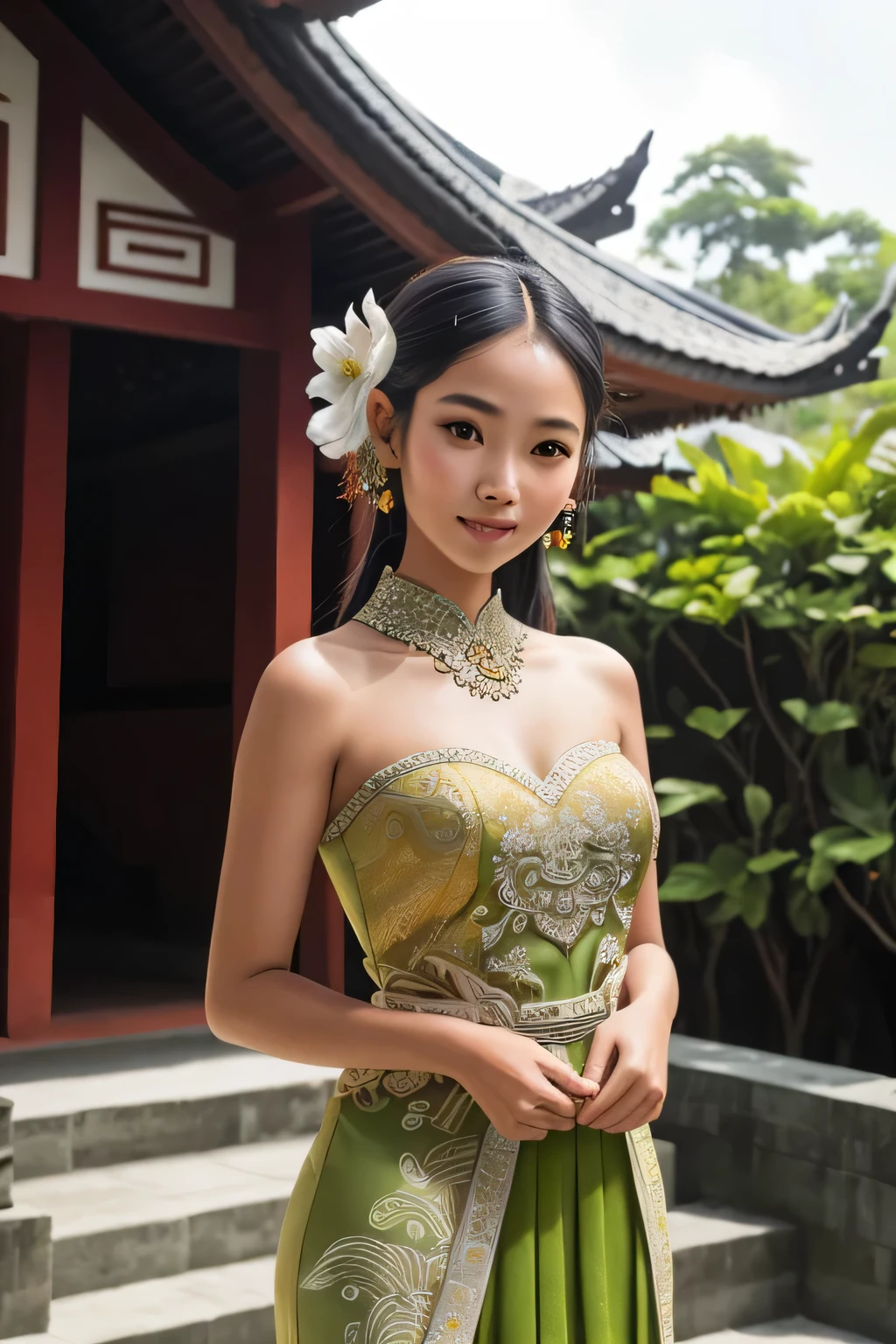 ((best quality)), ((masterpiece)), (detailed), perfect face young balinese girl wear Sleeveless strapless balinese green kebaya dress in front of balinese temple