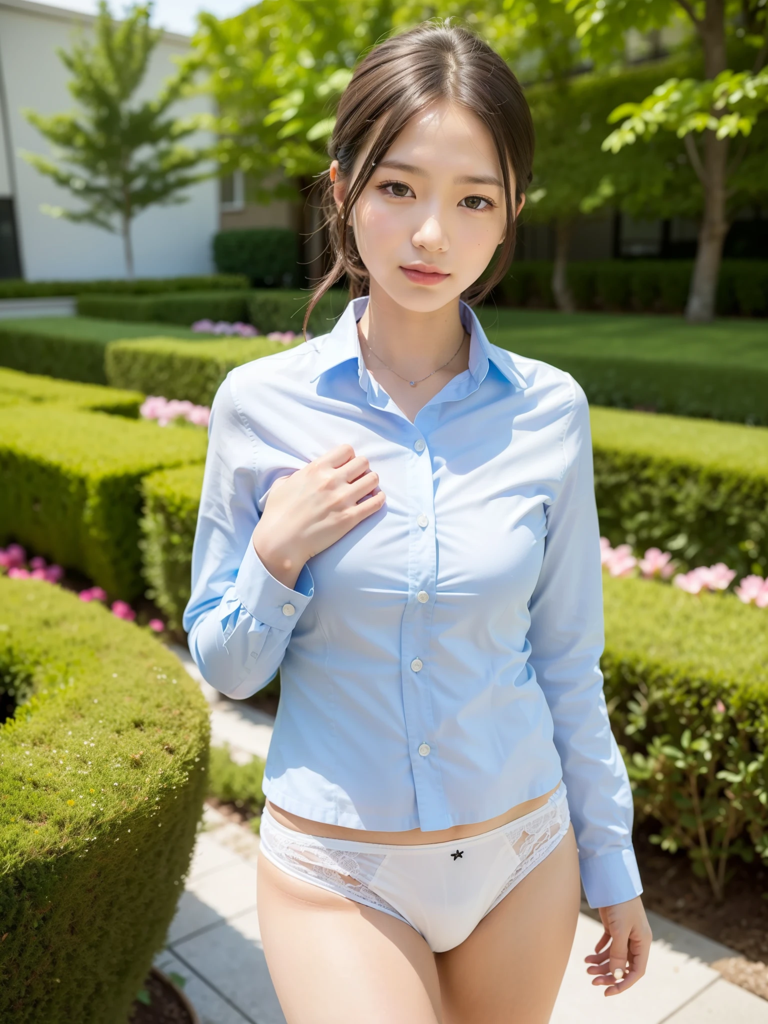 ((Best of the highest quality, 8k, Masterpiece: 1.3, raw photo)), Sharp focus: 1.2, (1 AESPA, slim body type female, 21 y/o: 1.1), (Solo: 1.2), (realistic, photo-realistic:1.37), face focus, cute face, finely eyes, (small breast, Thigh: 1.3), short messy hair, updo, (neat business shirt, white panties: 1.4), (walking garden: 1.2)